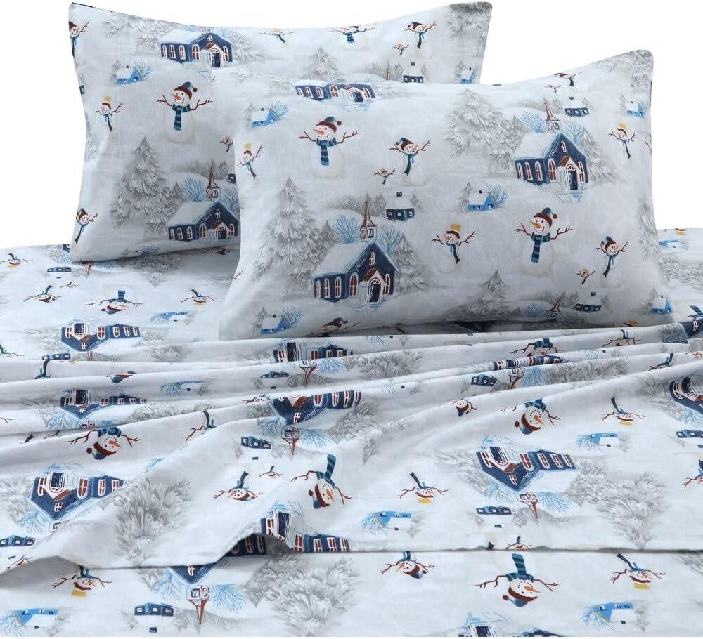 Tribeca Living Printed Cotton Flannel Extra Deep Pocket Sheet Set Queen - Navy/White: Cozy Winter Bedding with Snowmen & Trees