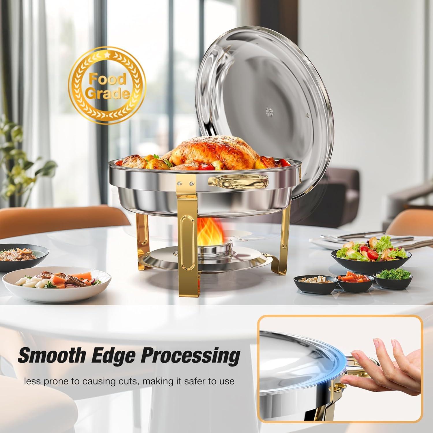 WARMOUNTS Chafing Dish Buffet Set, 5QT 4 Pack Gold Accent Stainless Steel Chafers and Buffet Warmers Sets with Glass Lid & Lid Holder for Parties Catering Events Weddings Banquets