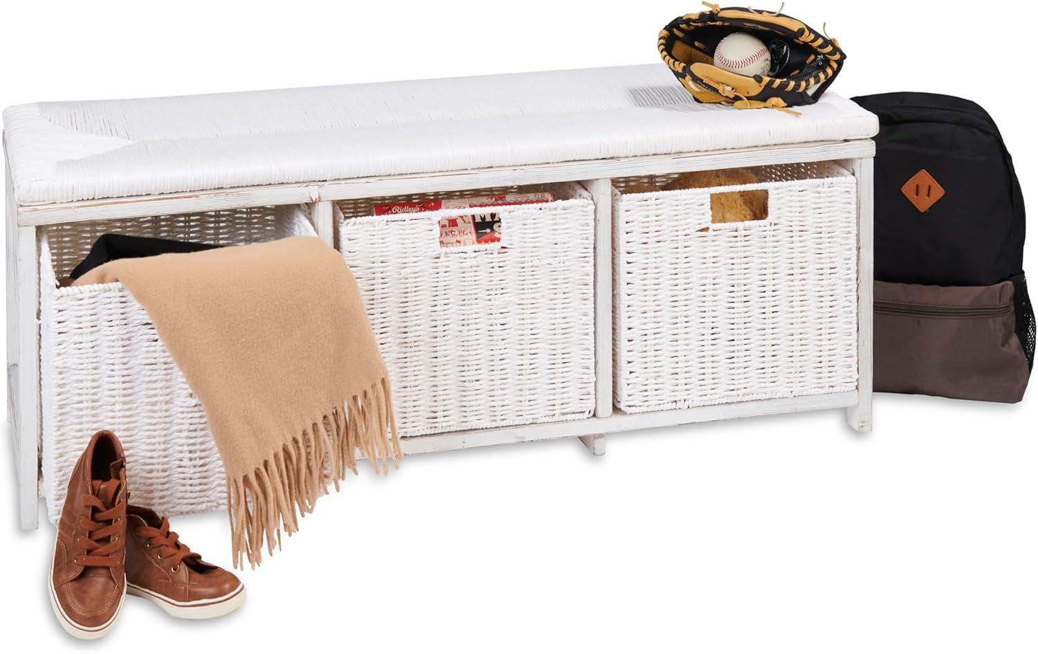 Kid''s Storage Bench With Woven Top And Baskets