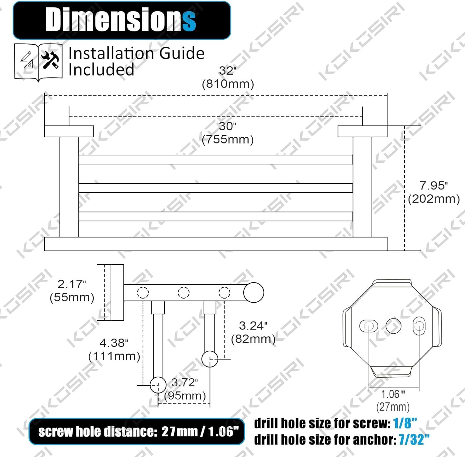 32" Wall Mounted Stainless Steel Double Towel Bar Towel Rack