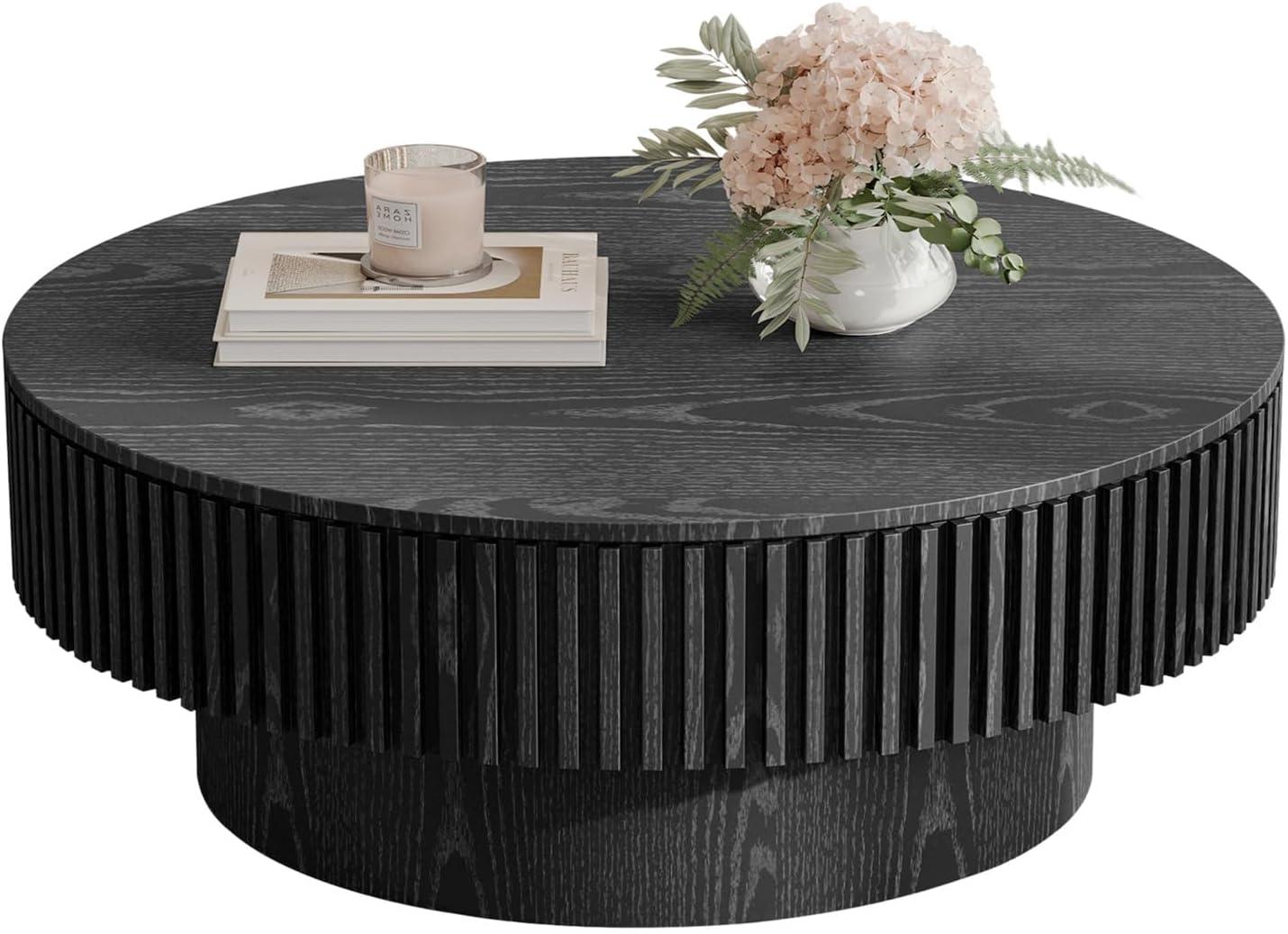 Round Coffee Table with Storage, Modern Wooden Coffee Table with Solid Wood Veneered, 31.5" Small Circle Center Table,Tea Table for Living Room,Home Small Space,Black