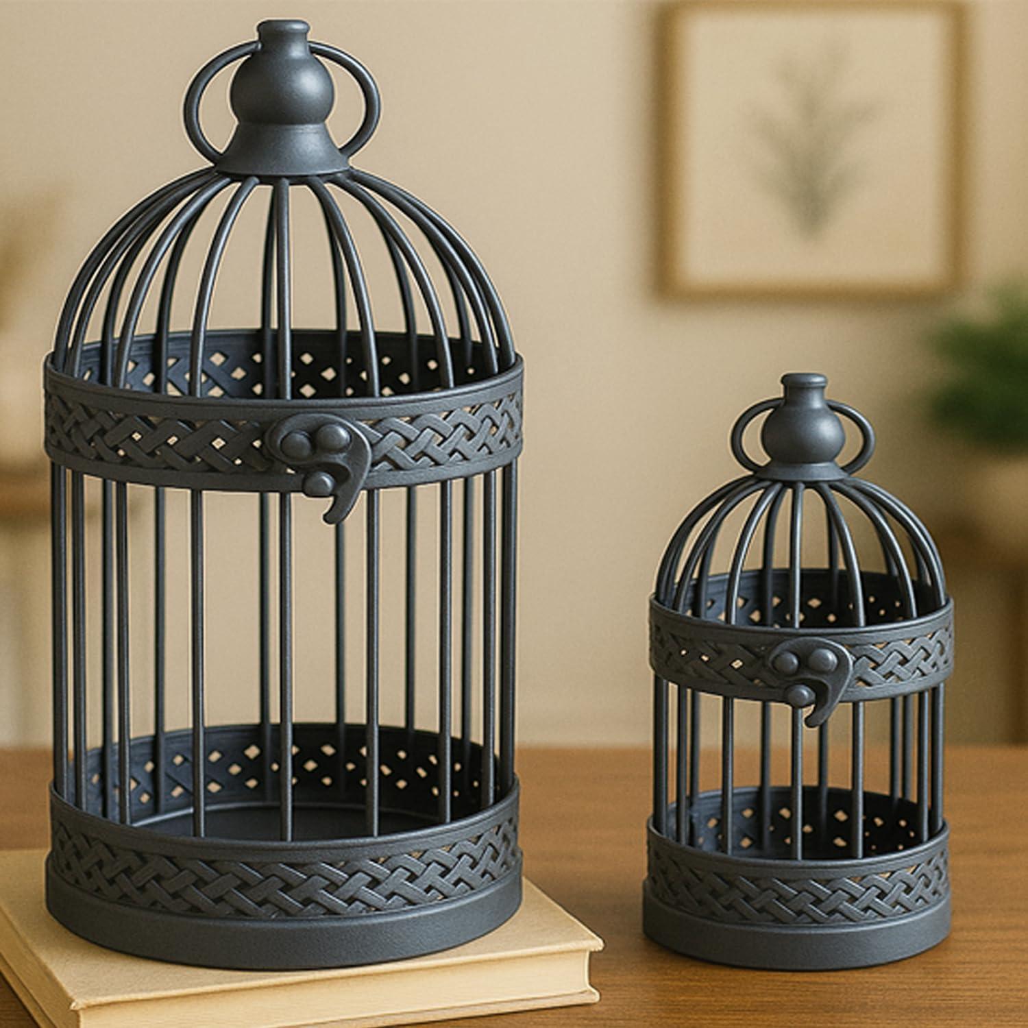 VELA LANTERNS Bird Cage Decor Candle Holder Lantern Decorative Table Centerpiece Halloween Decorations, 10" and 6" Tall, Black, Set of 2