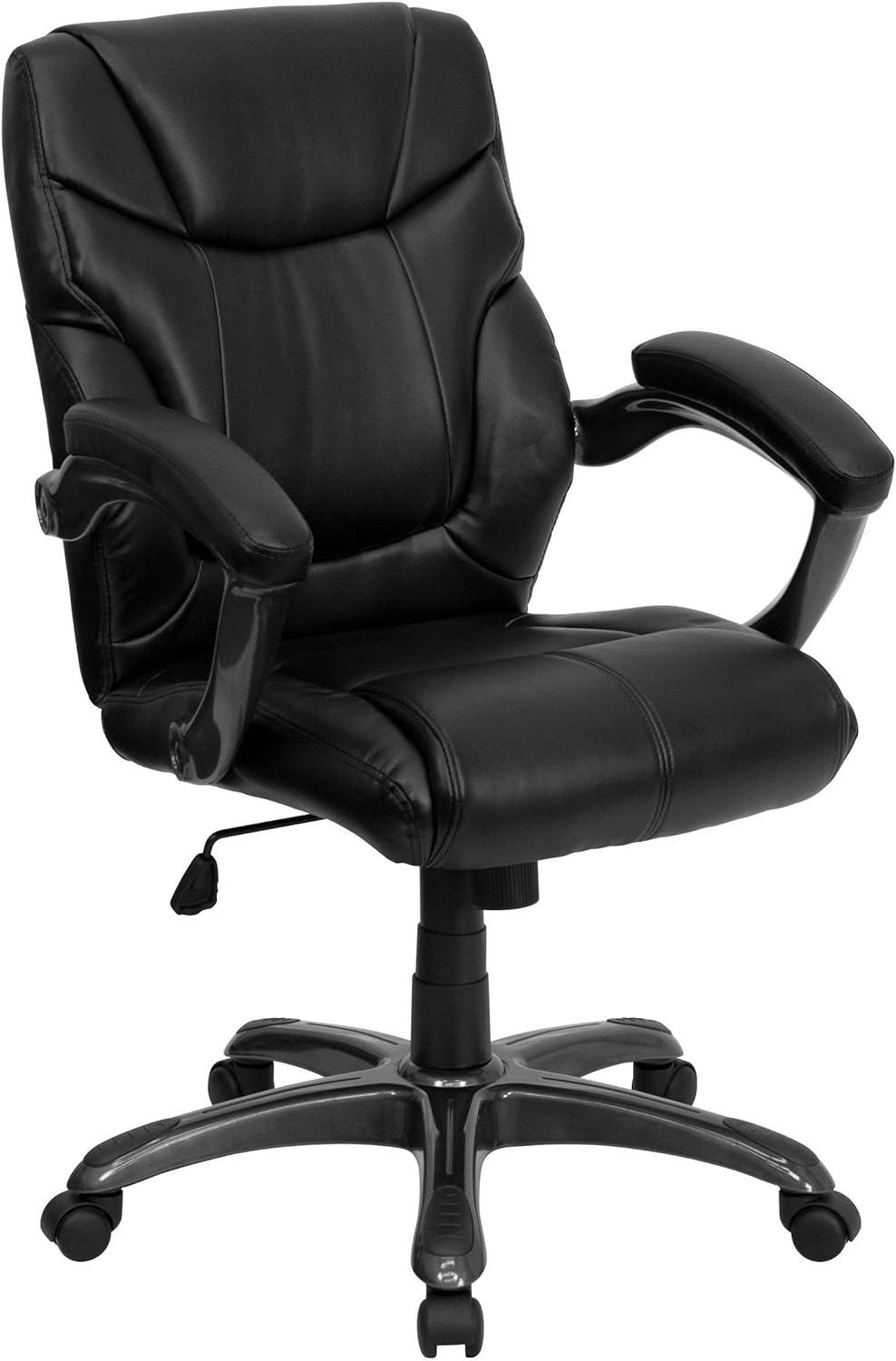 Mid-Back Black Leather Executive Swivel Office Chair with Fixed Arms