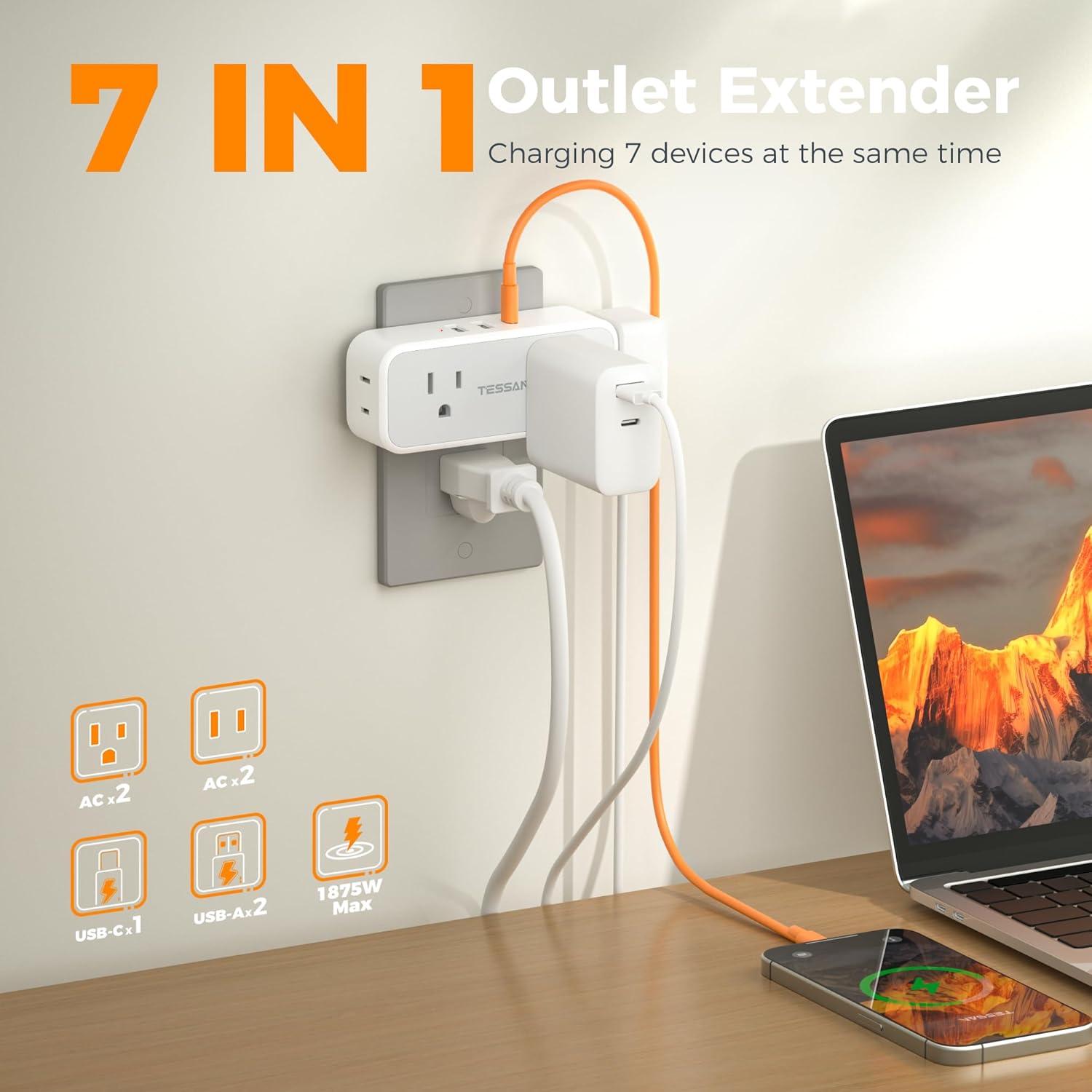 Outlet Extender Surge Protector, TESSAN Multi Wall Plug with 4 AC Electrical Outlets, 3 Sided Multiple Plug Expander, 1875W Max, Power Splitter 3 Prong Adapter for Home Bathroom Office Dorm Room