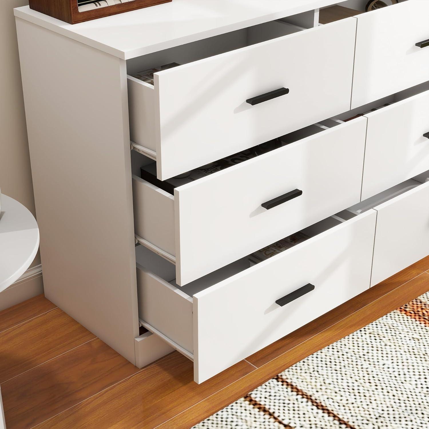 6 Drawer Dresser with Metal Handle, Wood Wide Chest of Drawers Storage Cabinet with 6 Drawers