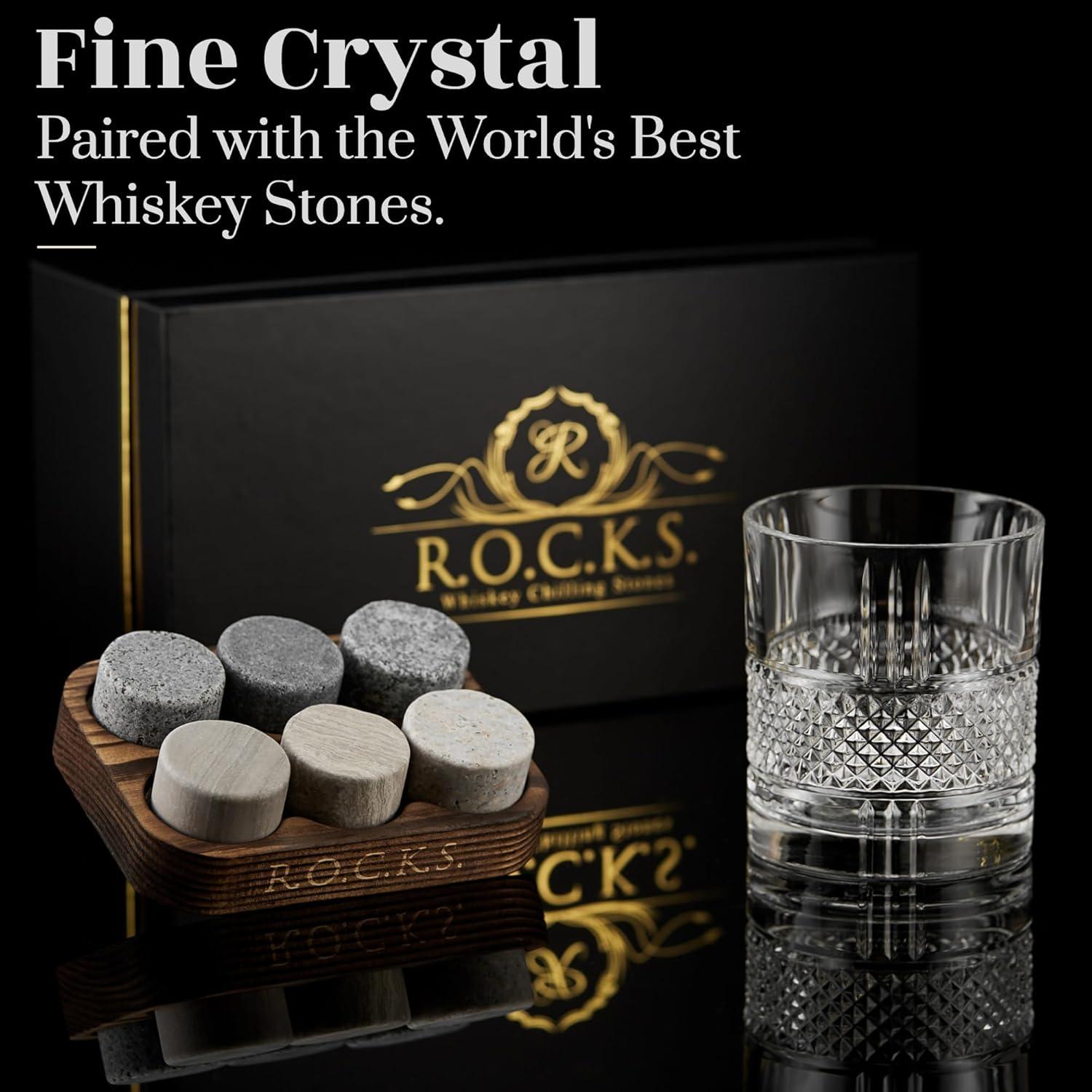 Granite Whiskey Stones and Crystal Glass Gift Set with Hardwood Tray