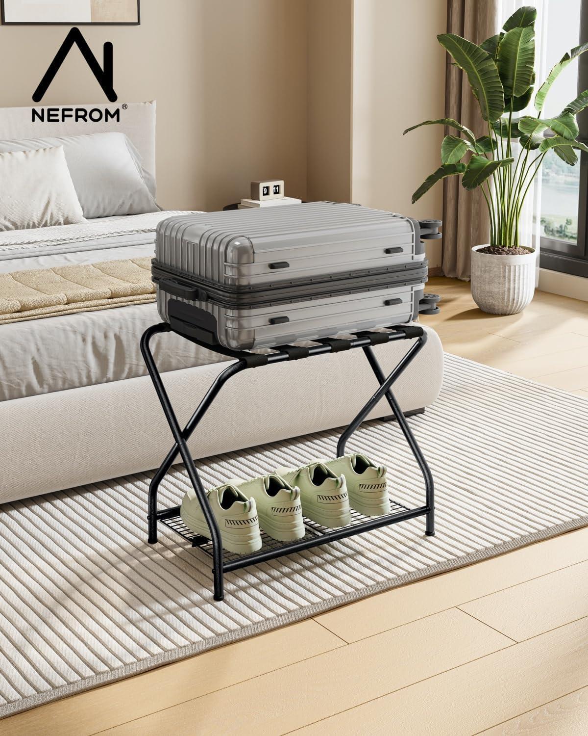 A Home Rack Set Of 2, Foldable Suitcase Stand With Storage Shelf, Metal Luggage Holder For Guest Room, Bedroom