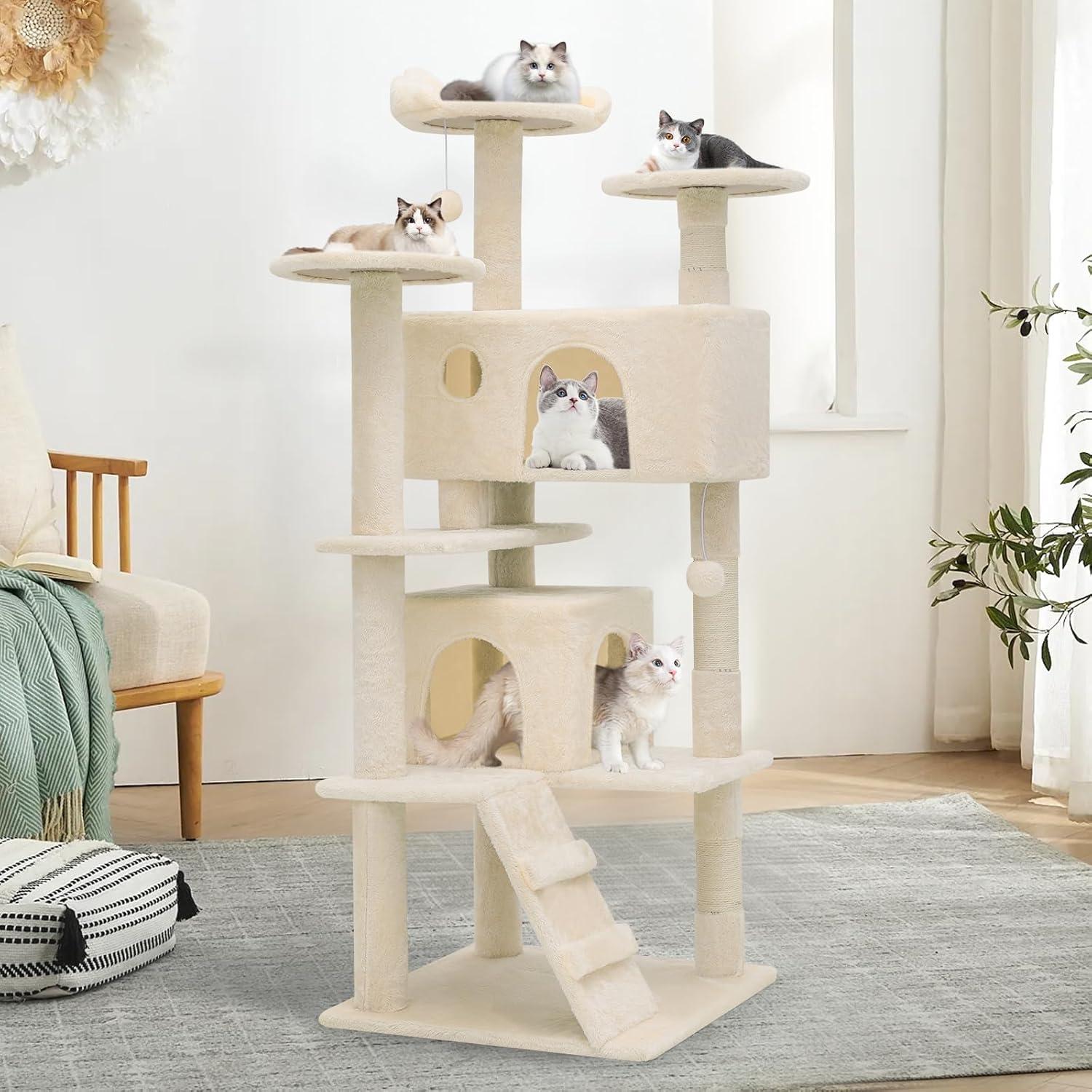 MoNiBloom 54" Cat Tree & Condo Scratching Post Tower, Beige