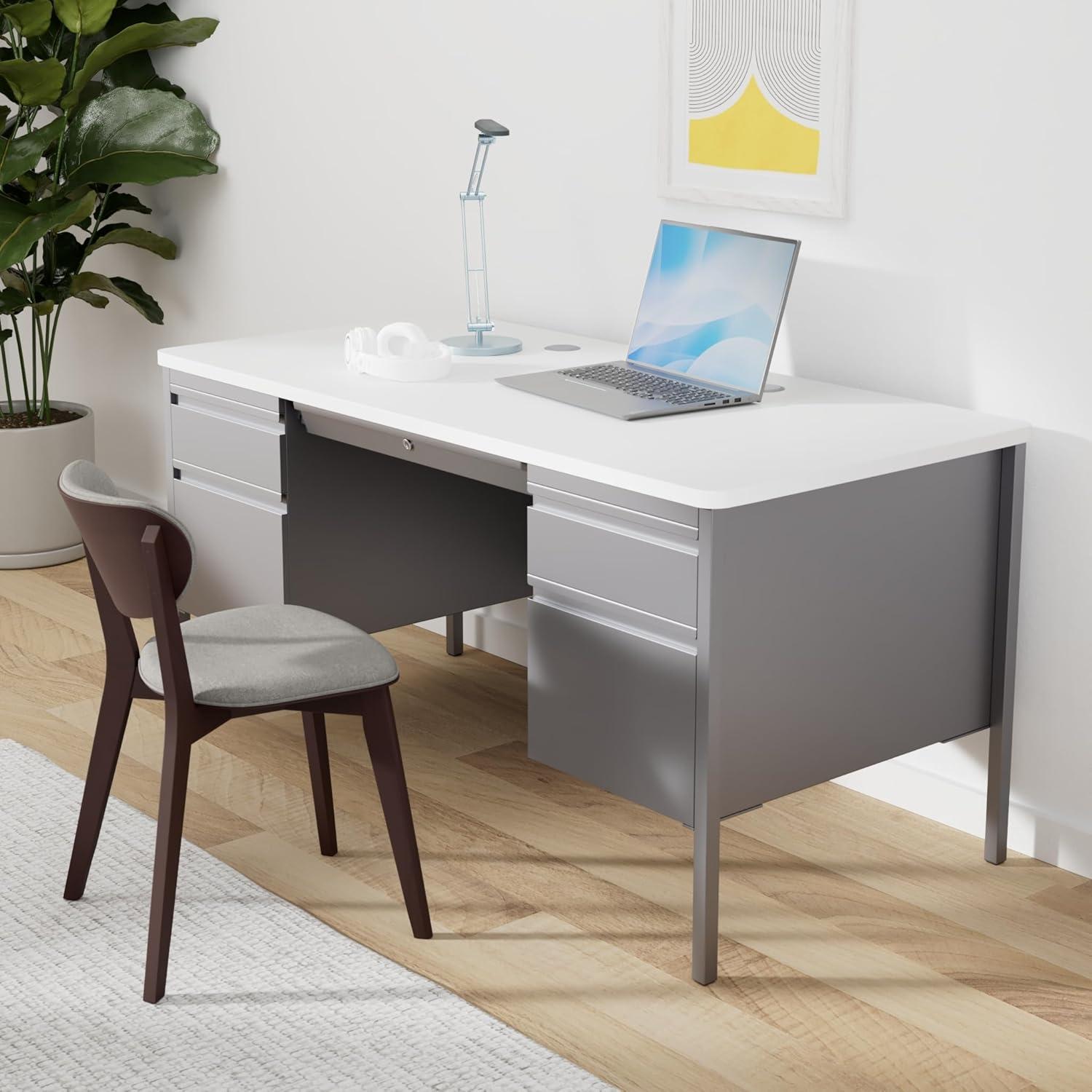 White and Gray Executive Desk with Drawers