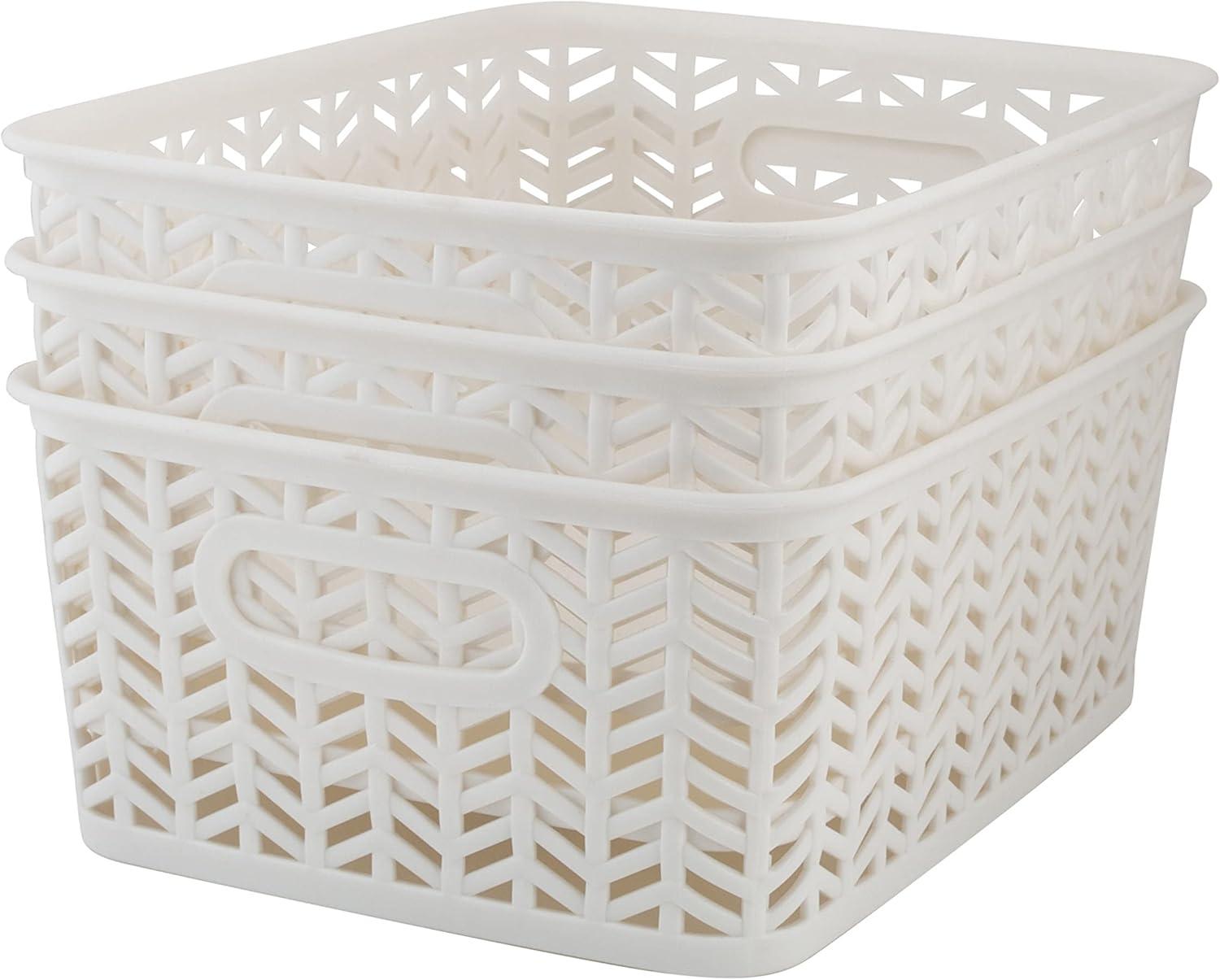 Small White Herringbone Plastic Storage Baskets with Handles, 3-Pack