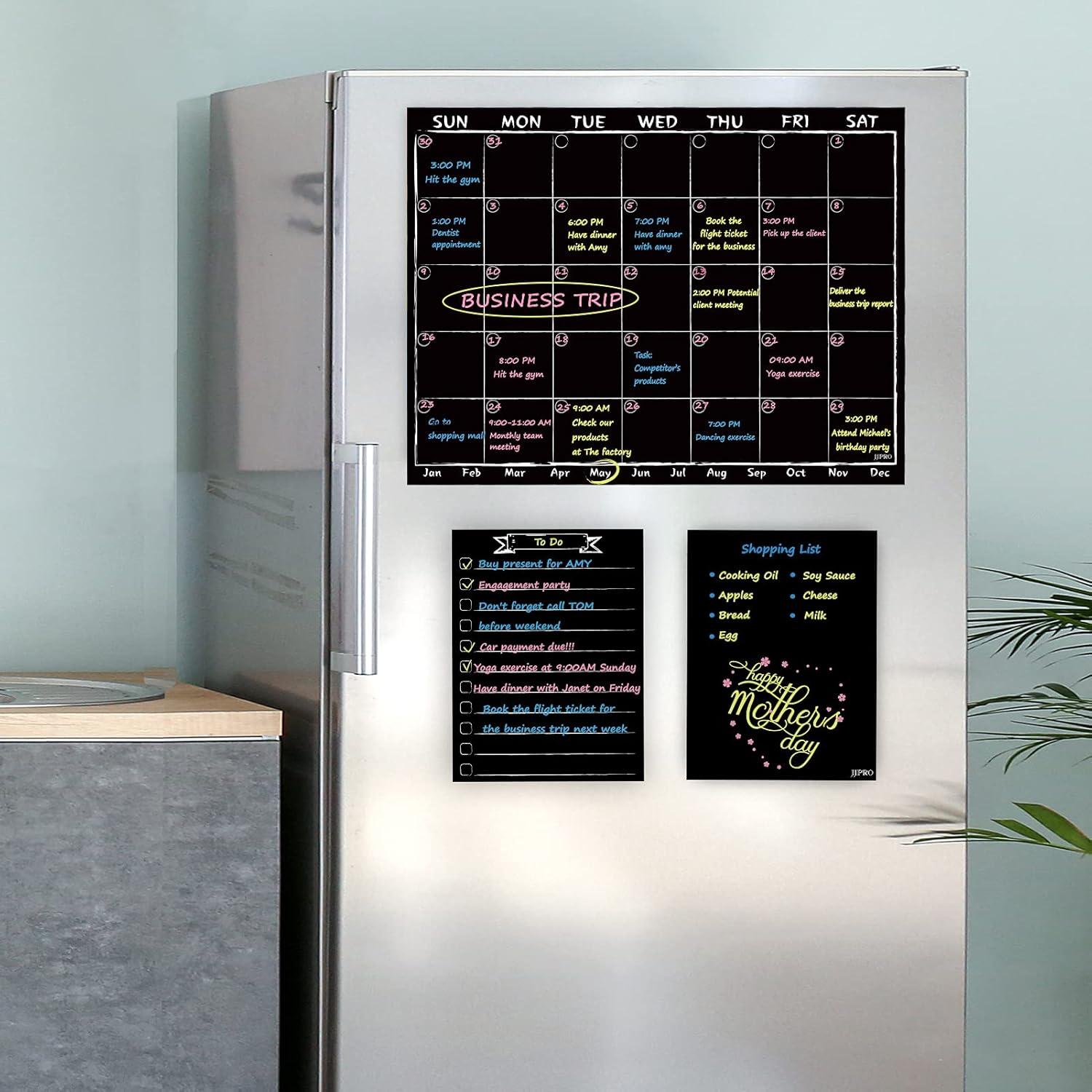 JJPRO Magnetic Chalkboard Monthly Calendar Neon Bright Liquid Chalk Markers with Bonus - Grocery List and Notepad Black