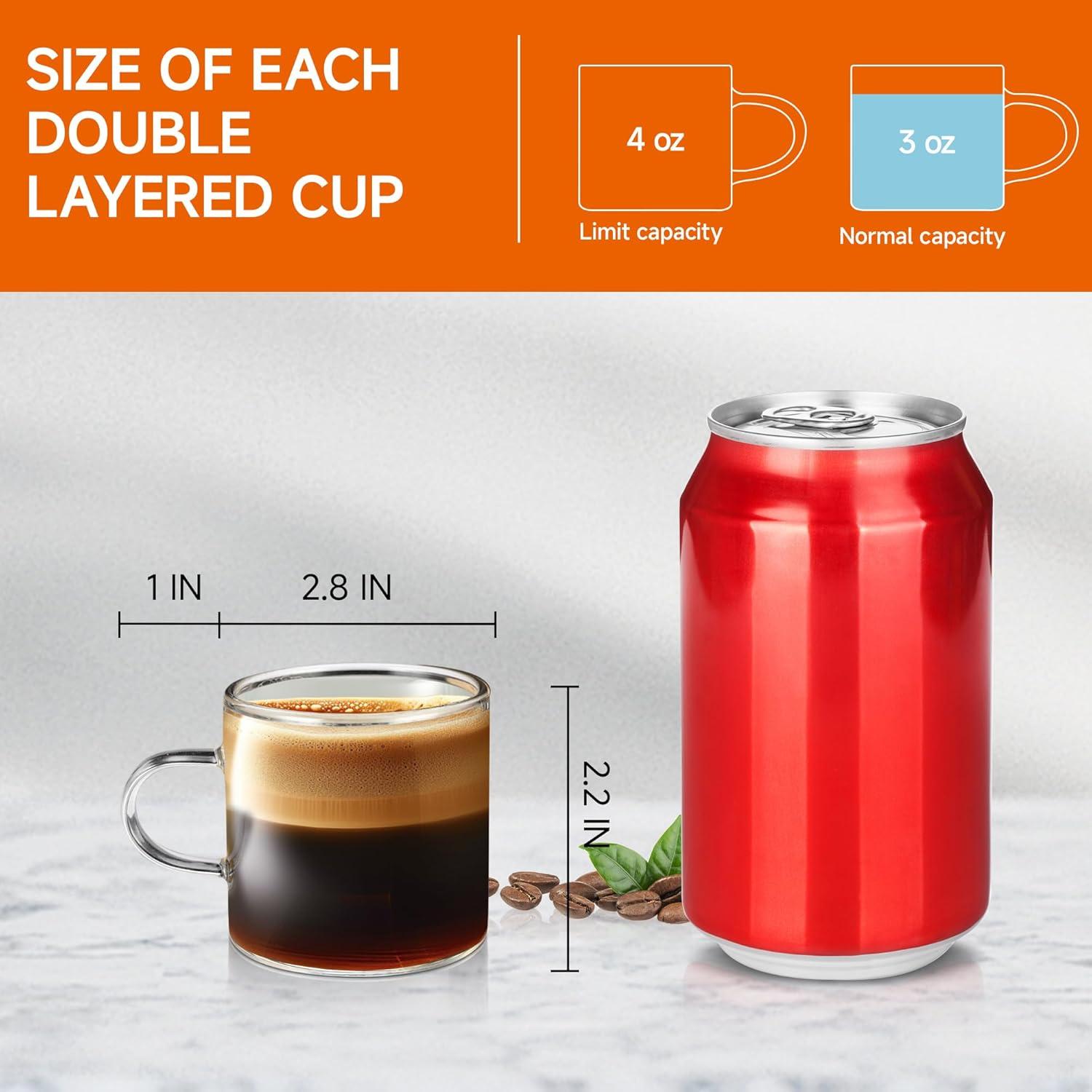 PARACITY Espresso Cups Set of 4, Insulated Espresso Accessories 4.3 OZ, High Borosilicate Espresso Shot Glass, Clear Glass Expresso Coffee Cup with Handle, Small Tea Cups