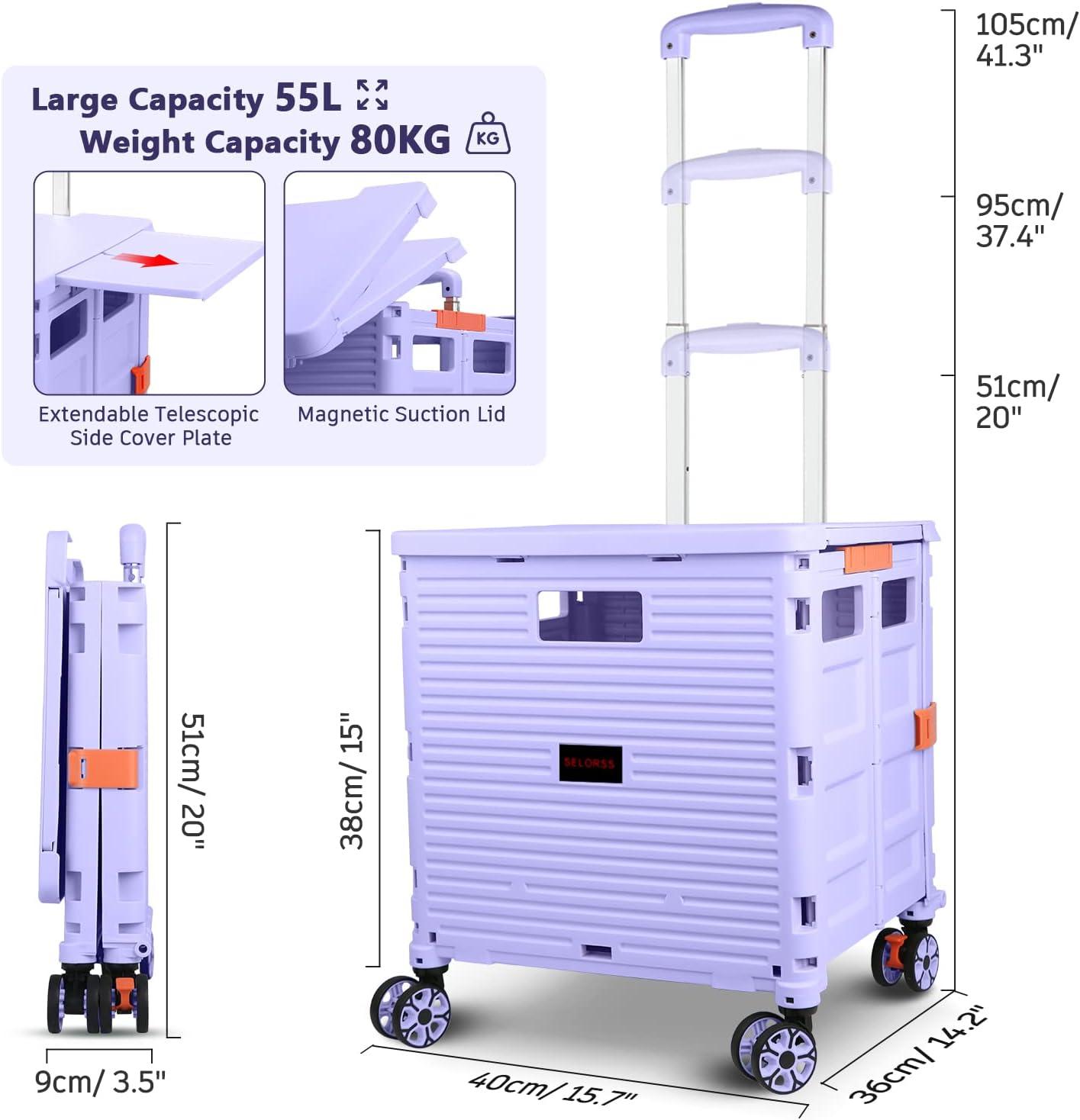 Purple Foldable Utility Cart with Telescoping Handle and 360° Wheels