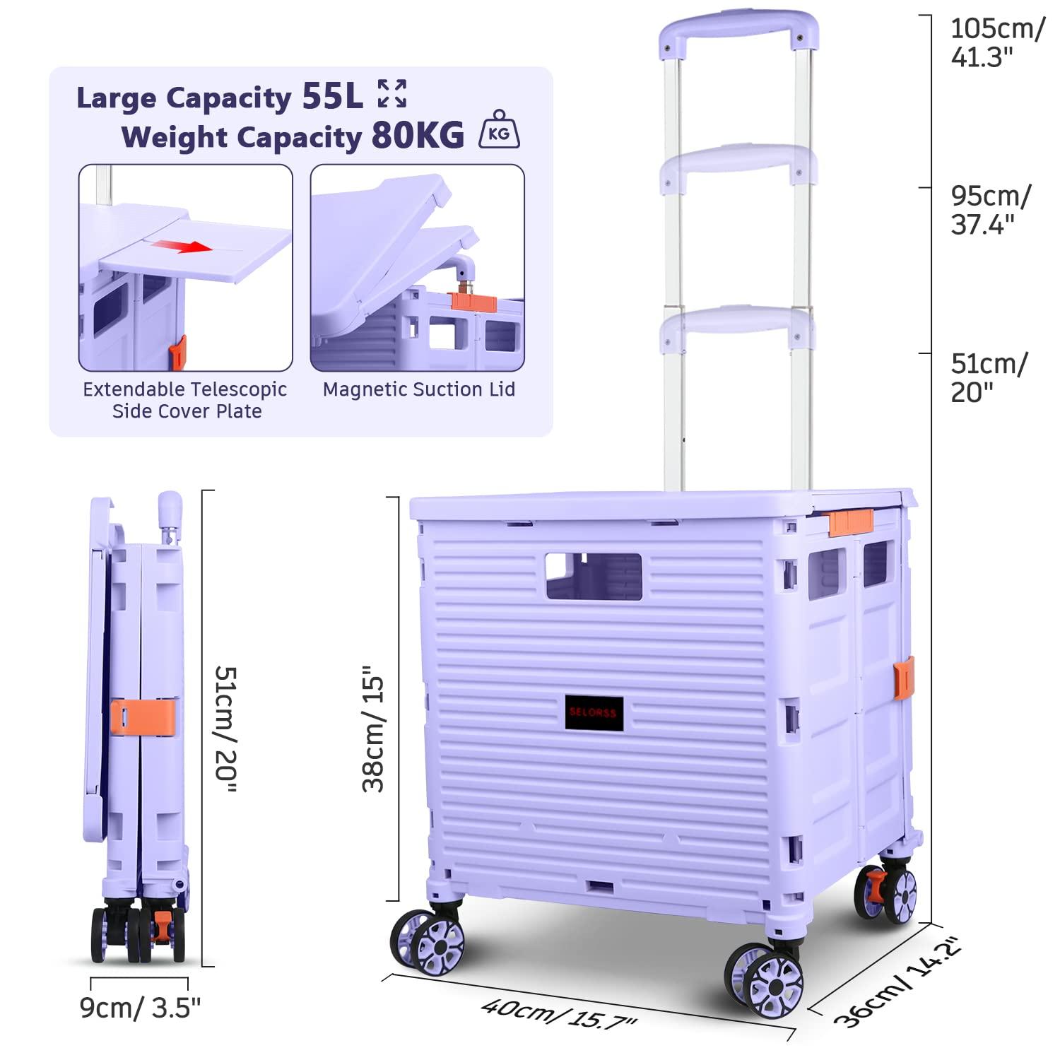 Folding Utility Cart Portable Rolling Crate Handcart with Magnetic Sliding Lid Telescoping Handle Heavy Duty Plastic Box Dolly 360Swivel Wheels for Travel Shopping Move Office Use(Purple Pro)