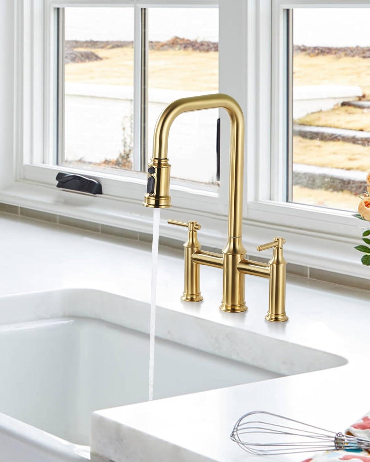 Brushed Gold Double Handle Bridge Kitchen Faucet with Pull-Down Spray