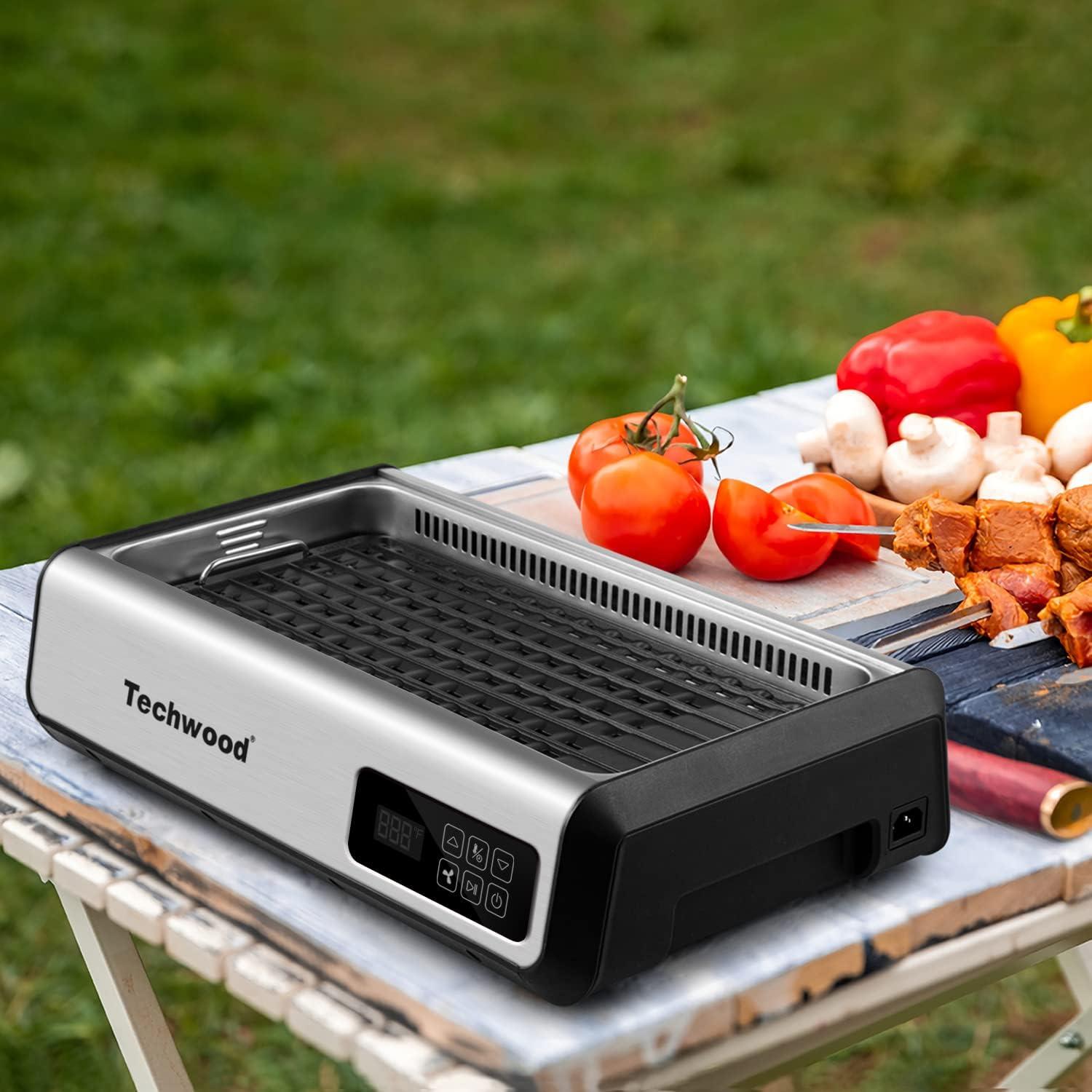 Indoor Smokeless Grill Techwood 1500W Tempered Glass Lid & LED Smart Control Panel, 8-Level Control Korean BBQ with Removable Grill Plate, Stainless Steel (Silver)