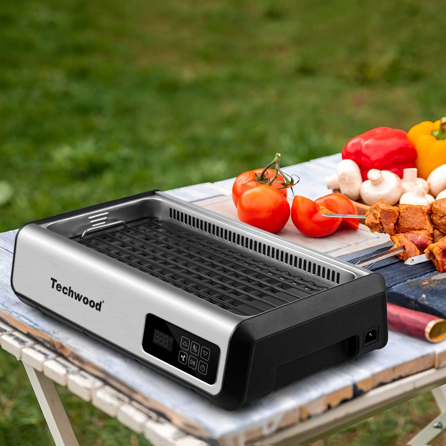 Indoor Smokeless Grill Techwood 1500W Tempered Glass Lid & LED Smart Control Panel, 8-Level Control Korean BBQ with Removable Grill Plate, Stainless Steel (Silver)