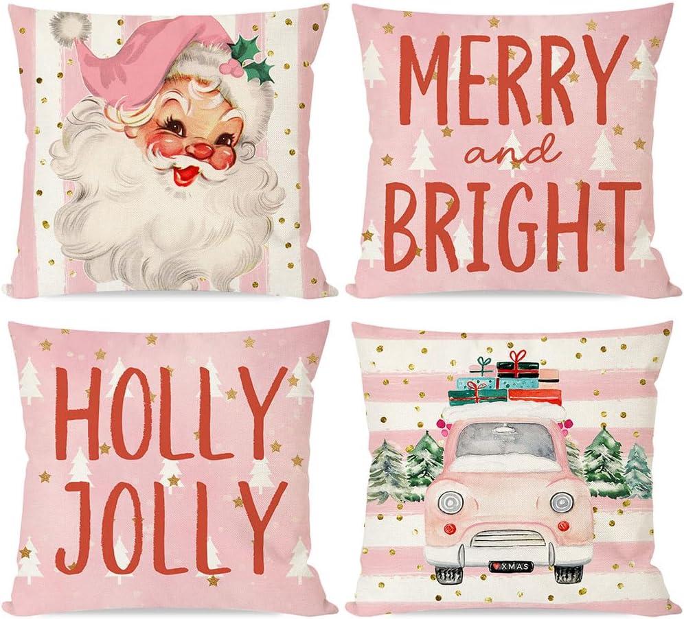 Pink Christmas Pillow Covers 18 x 18 Inch Set of 4 Striped Christmas Decorations Pink Christmas Tree Santa Claus Farmhouse Holiday Hello Winter Let it Snow Throw Pillows Cushion Case for Sofa Couch