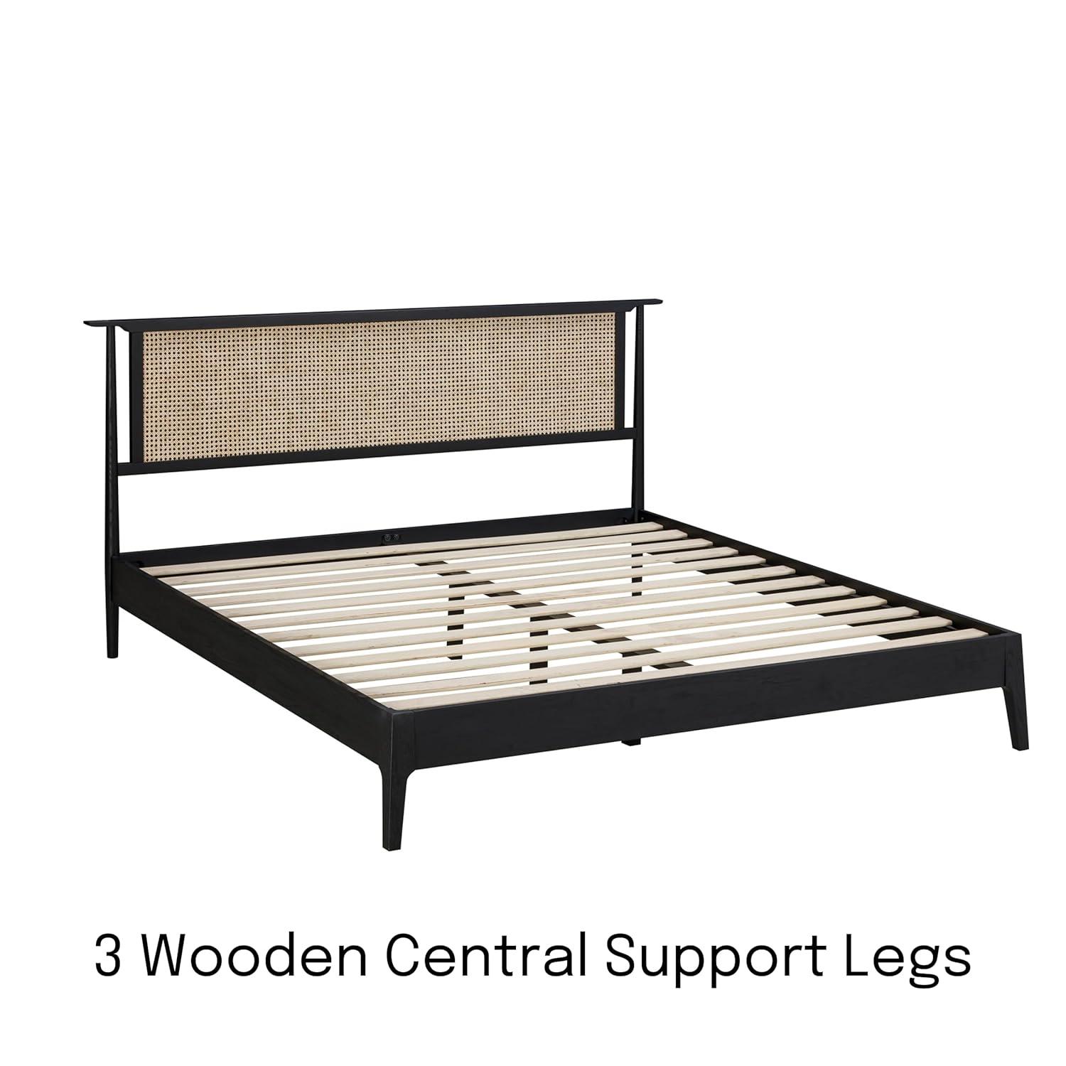 Ruby Wooden Bed Frame With Headboard And Natural Rattan, 1000 Lb Capacity