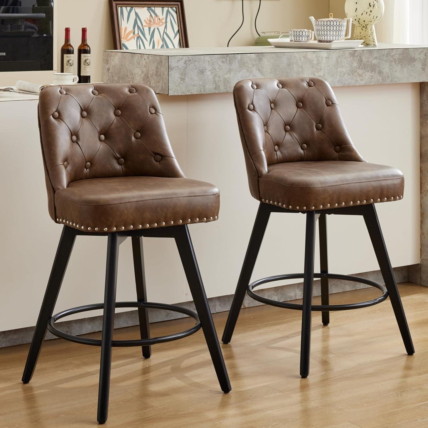 Counter Bar Stools Set of 2, Modern Swivel Bar Stools with Back and Wood Legs, 26" H Upholstered Bar Chair for Kitchen Island Home Bar, Leather Brown