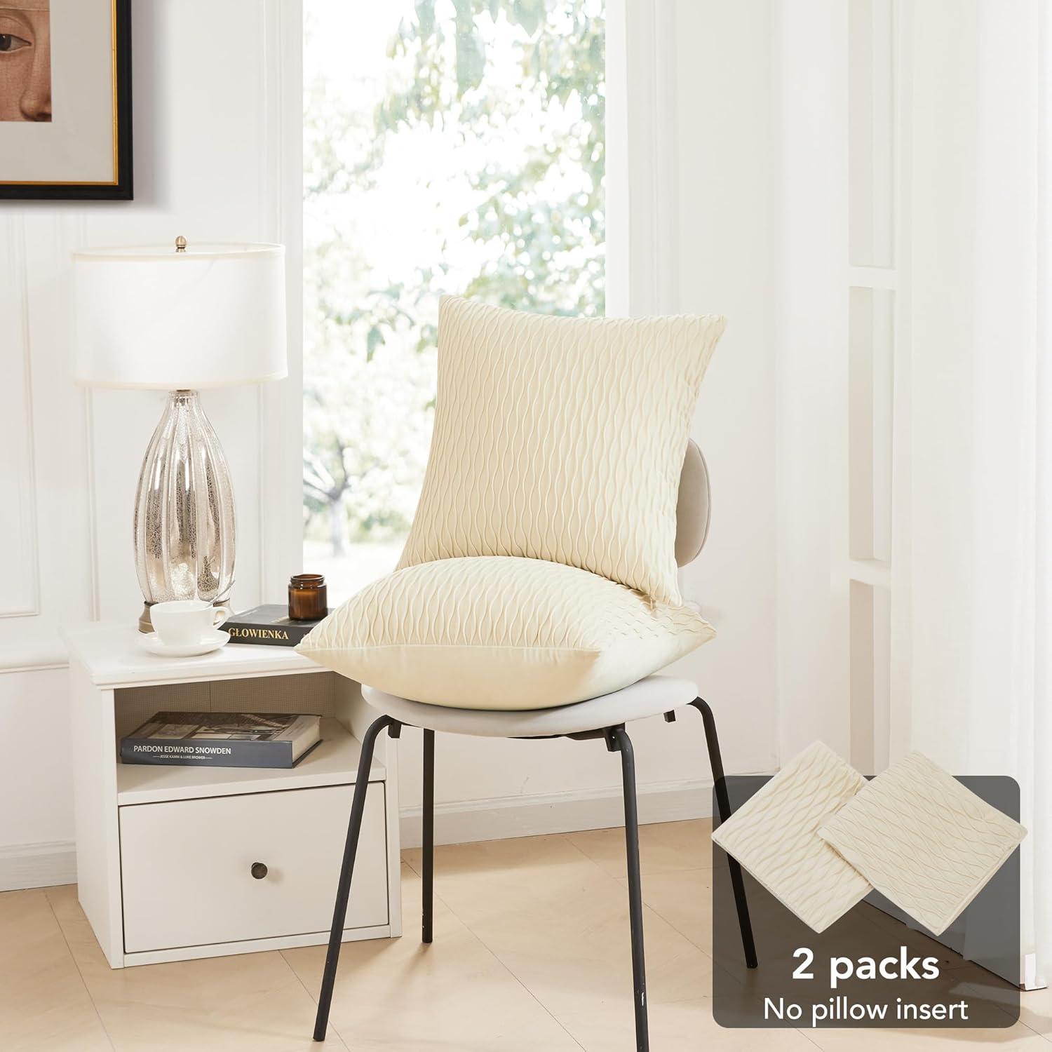 Deconovo Decorative Velvet Throw Pillow Covers, Set of 2, Soft & Elegant Cushion Covers for Sofa, Bedroom, Living Room & Home Decor, Wave/Cream White, 16x16 Inch