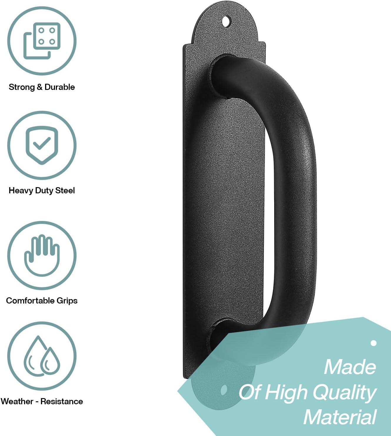 8'' Black Heavy Duty Barn Door Pull Handles 2 Pack, Outdoor Metal Power Coated Modern Gate Hanlde for Fence Garden Patio Gates, Interior Closet Cabinets Door Pulls