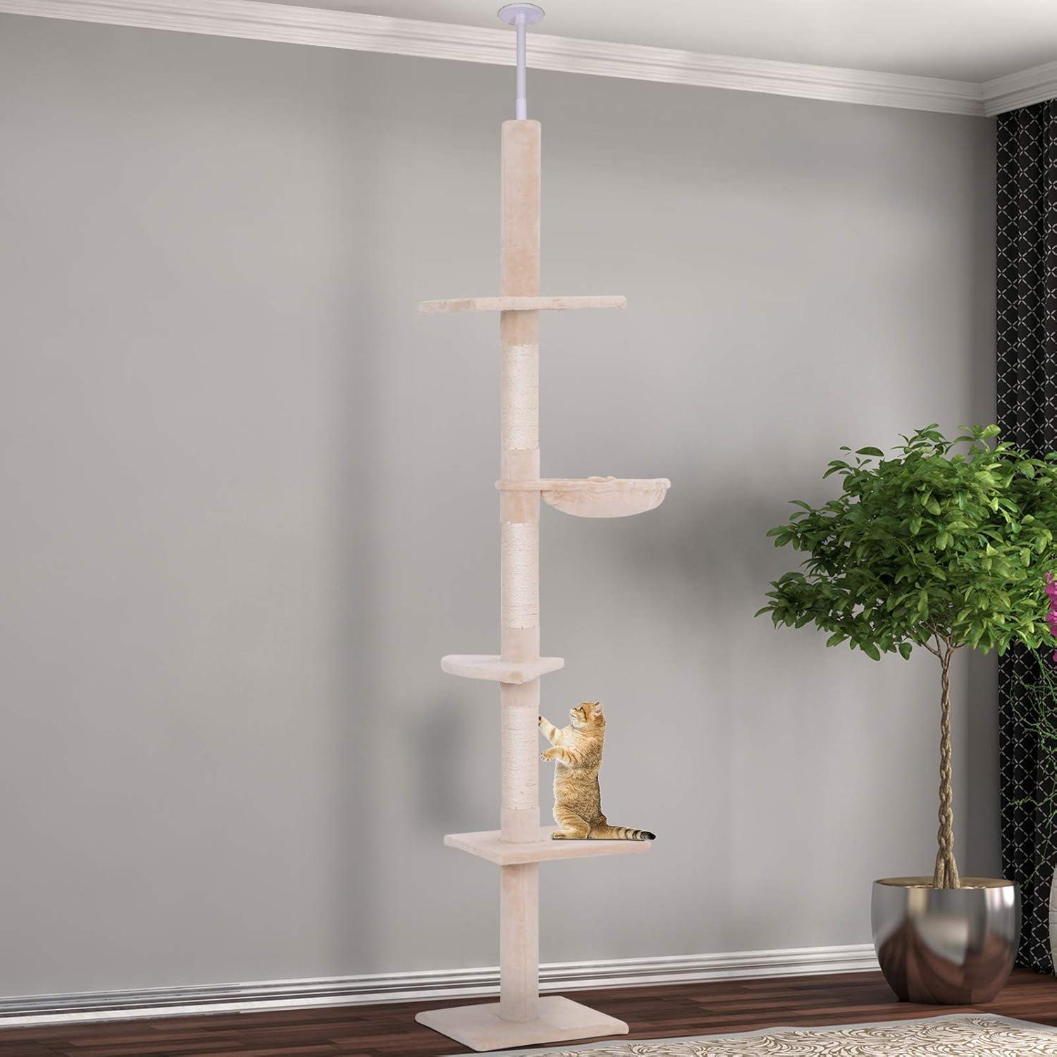 PawHut 9' Adjustable Height Floor-To-Ceiling Vertical Cat Tree - Beige and White