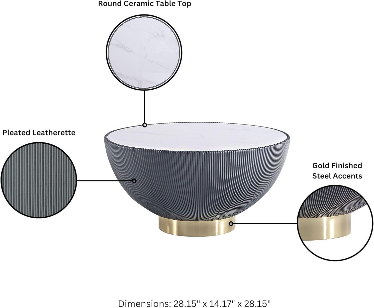 Manhattan Comfort 3pc Anderson Leatherette Upholstered Coffee Table and End Table Set: Gold Metal Finish, Round Shape