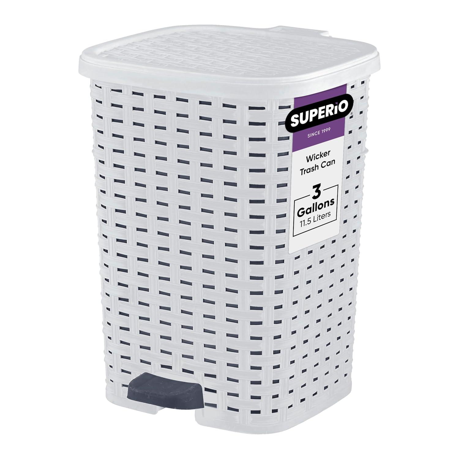 Superio Wicker Style Step-On Trash Can – 3.1 Gallon, White Smoke