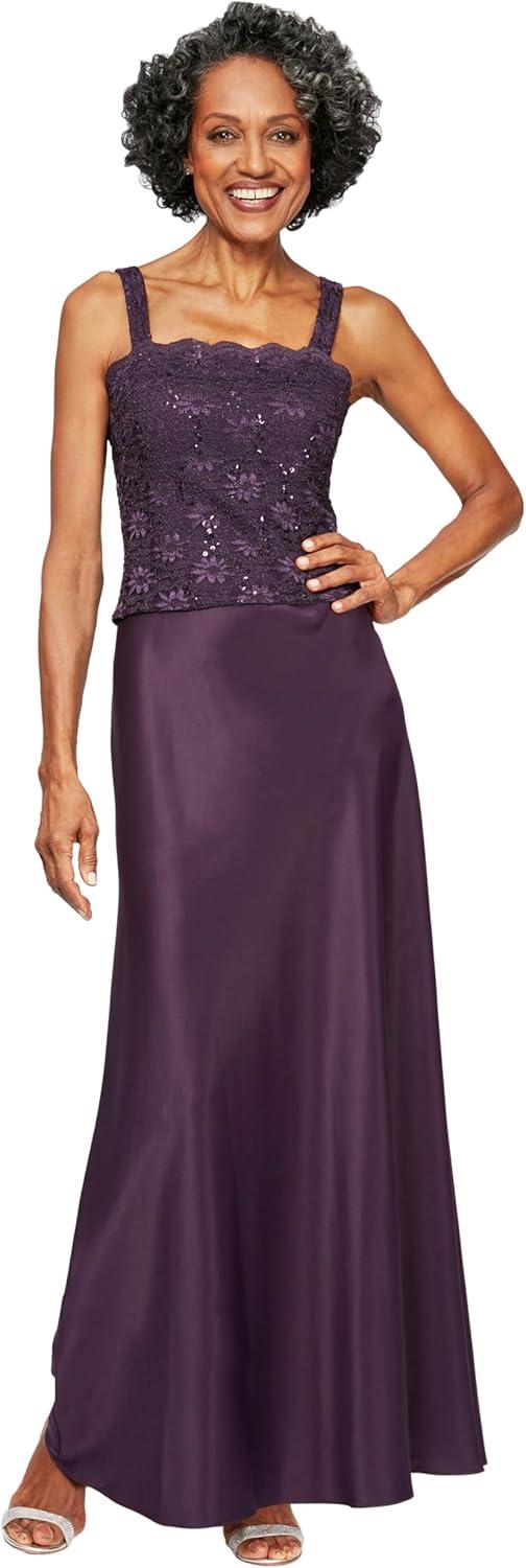 Alex Evenings Women's Long Mock Jacket Dress with Satin Skirt, 8 Eggplant