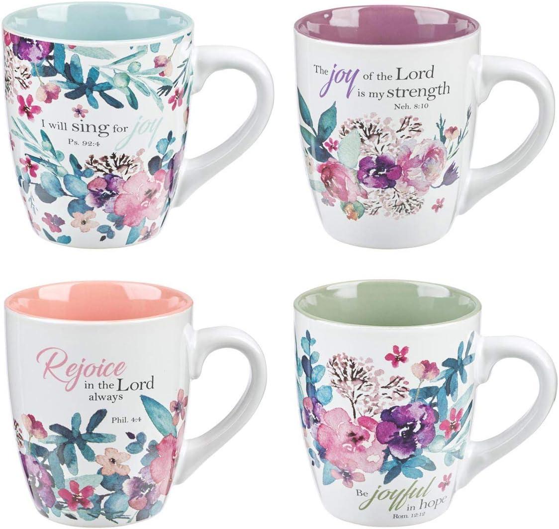 Floral Ceramic Mug Set with Scripture Verses, 4-Piece