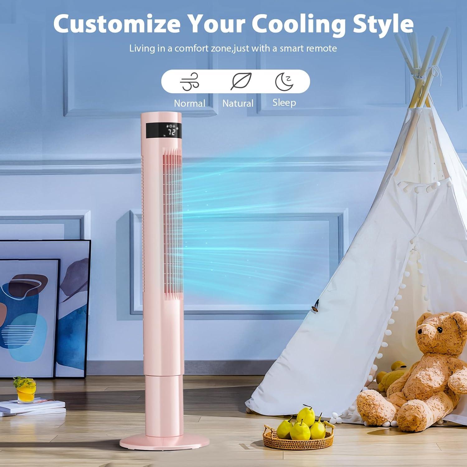Antarctic Star Tower Fan Portable Floor Fans 85°Oscillating Fan 43'' Quiet Cooling 12H Timer Remote Control Standing Bladeless Electric 3 Speeds Wind 3 Modes Bedroom Office(43 inch, Pink)