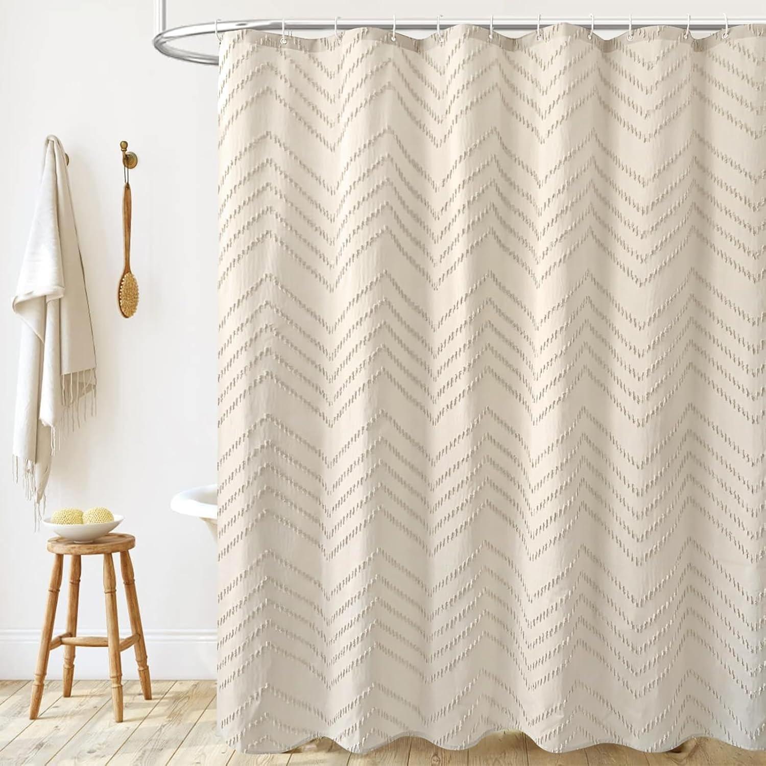Beige Boho Shower Curtain 72 X 72 Modern Farmhouse Shower Curtain Bohemian Chic Tufted Chevron Textured Striped Minimalist Shower Curtain Woven Fabric Cute Beige/Cream Shower Curtain