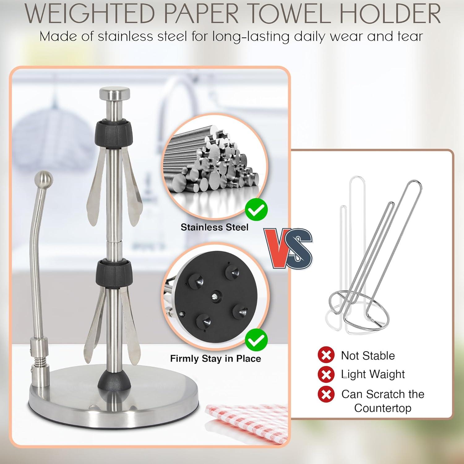 Washranp Paper Towel Holderwith Spray Bottle,Stainless Steel Easy to Tear Paper Towel Dispenser Weighted Base Adjustable Spring Arm to Hold Any Type of Paper Towels