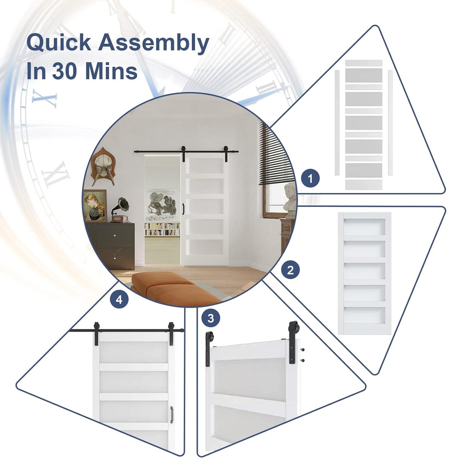 JUBEST Tempered Frosted Glass Barn Door with Installation Hardware Kit and Handle, Wood Sliding Barn Door