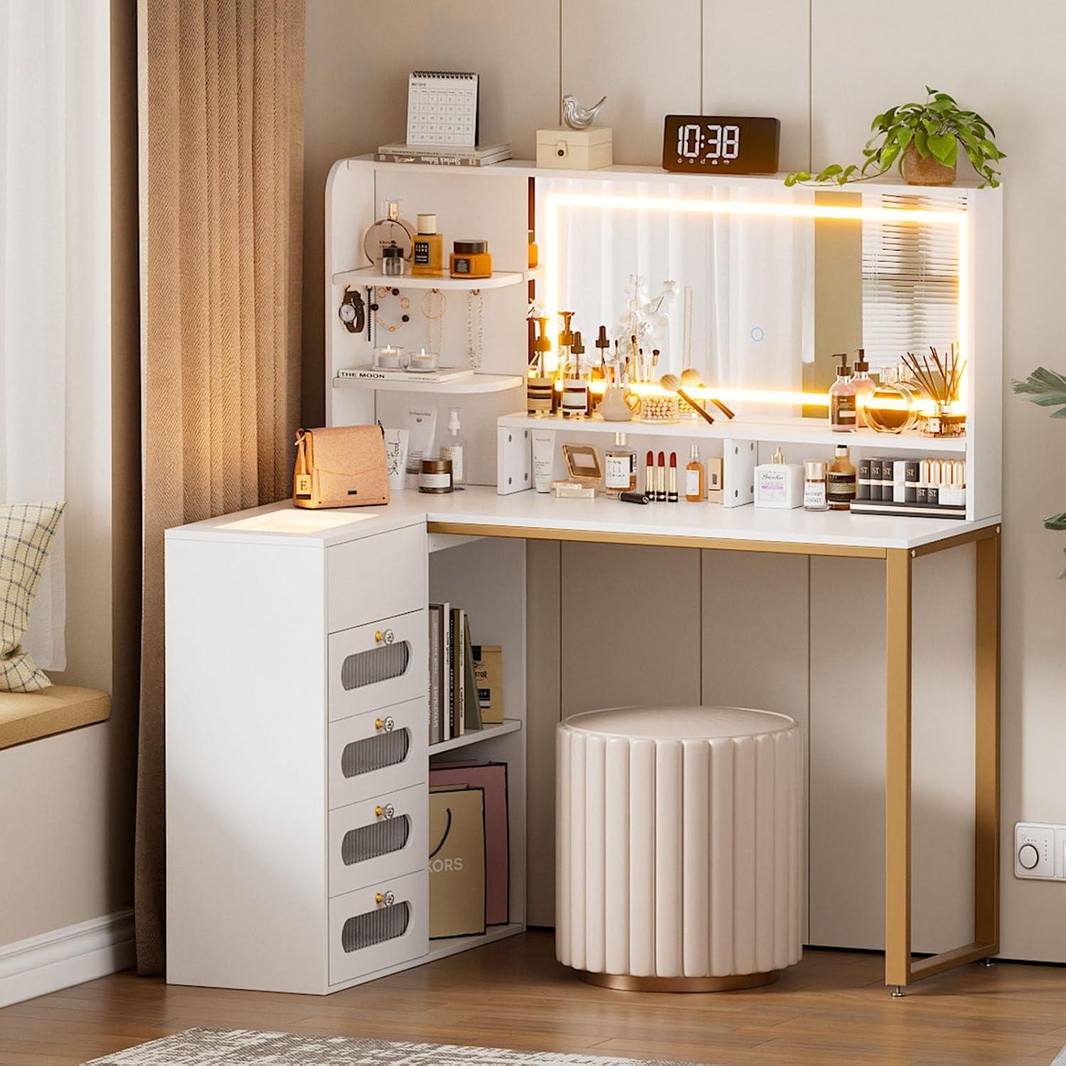 PAKASEPT Vanity Set with Lighted Mirror, Vanity Desk Makeup Vanity with 3-Color Adjustable Touch Light, 5 Drawers, Storage Shelves,Large Bedroom Vanitys for Women Girls