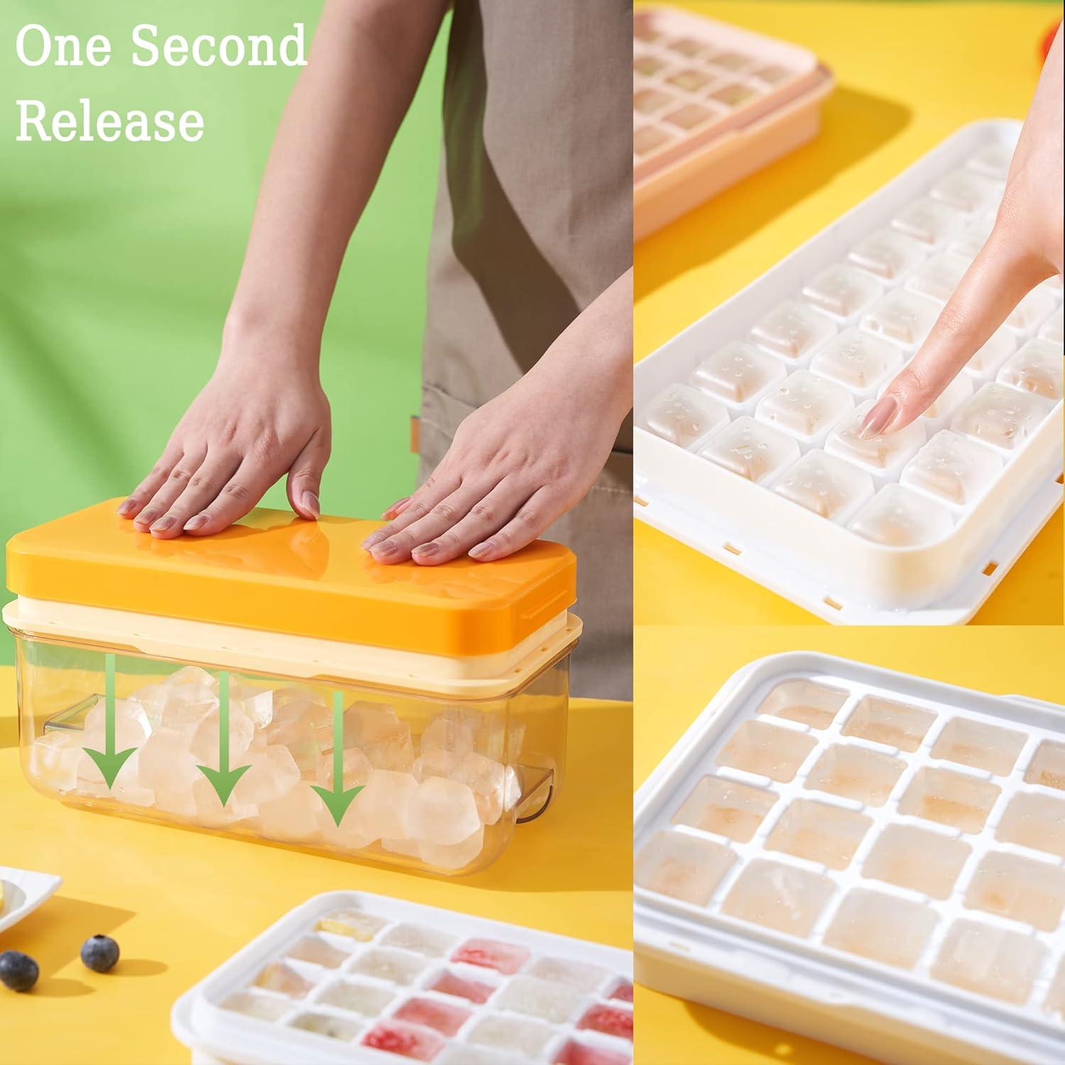 Ice Cube Tray with Lid and Bin, 64 pcs Ice Tray Kit with Ice Scoop, Ice Cube Pop Out Tray, Ice Cube Trays for Freezer, Ice Cube Molds, BPA Free, Easy Release Stackble Spill-Resistant (Green)