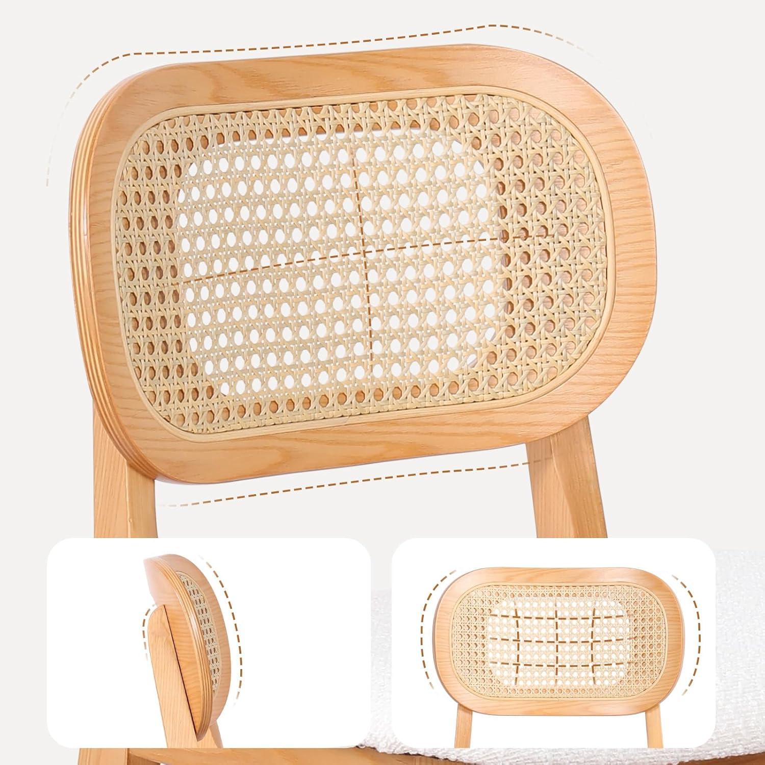 Lucky Monet 25.2" Upholstered Wood Counter Height Bar Stools w/ Rattan Back - 36.81"H x 17.72"W x 18.7"D Set of 3 - White Boucle Fabric/ Natural Frame