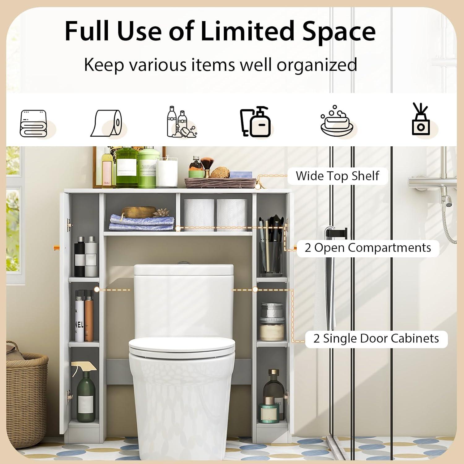 LOKO Over The Toilet Storage Cabinet, Freestanding above Toilet Organizer with Double Doors, 2 Open Compartments & 4 Adjustable Shelves, Bathroom Space Saver, Laundry Room Storage Rack (Natural)