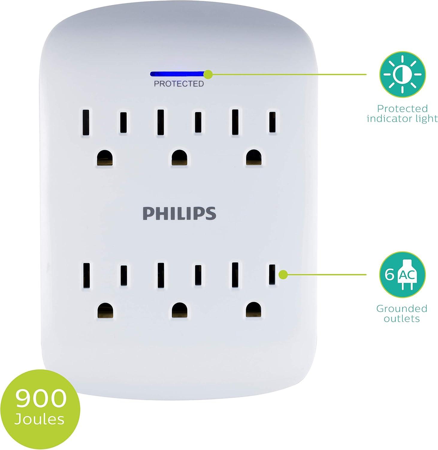 Philips 6-Outlet Wall Tap with Surge Protection, 900J, White, SPP3461WA/37