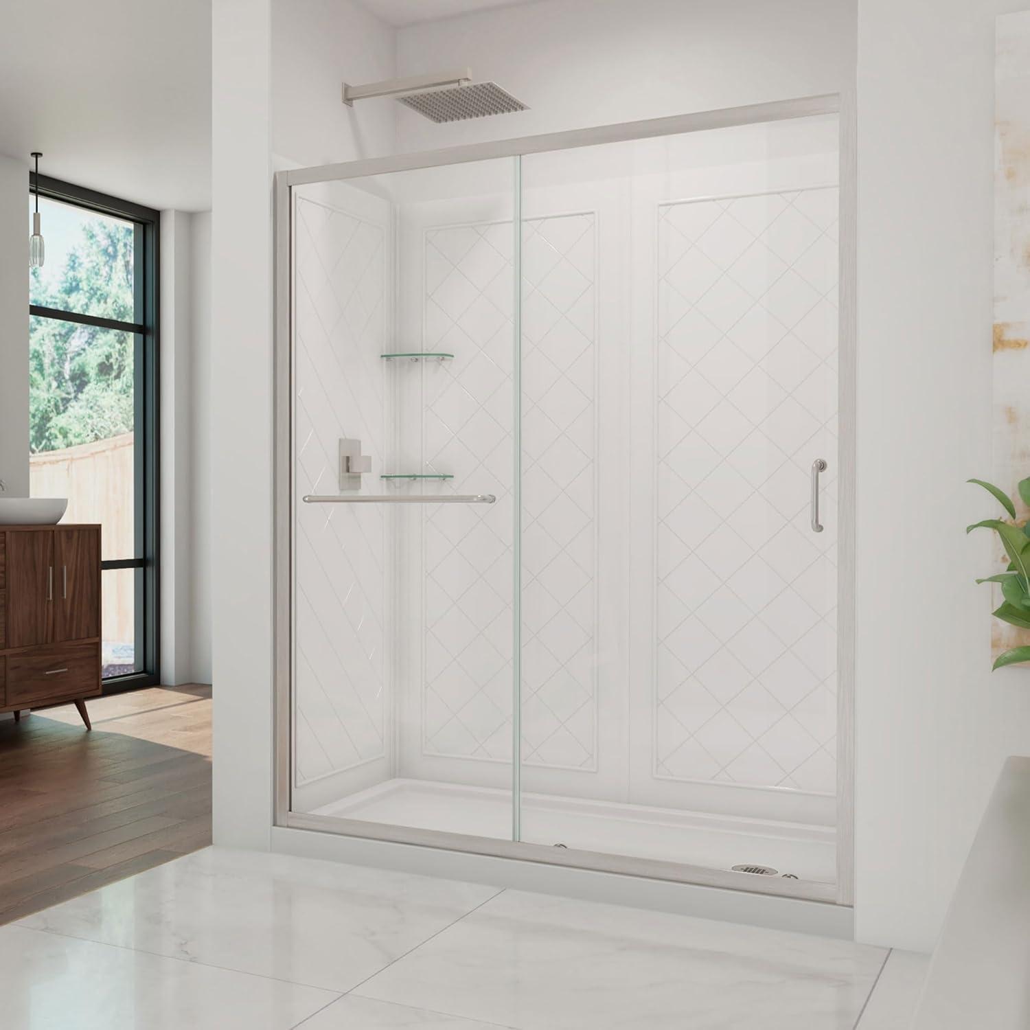 DreamLine Infinity-Z 32 in. D x 60 in. W x 76 3/4 in. H Clear Sliding Shower Door in Brushed Nickel, Right Drain Base, Backwalls
