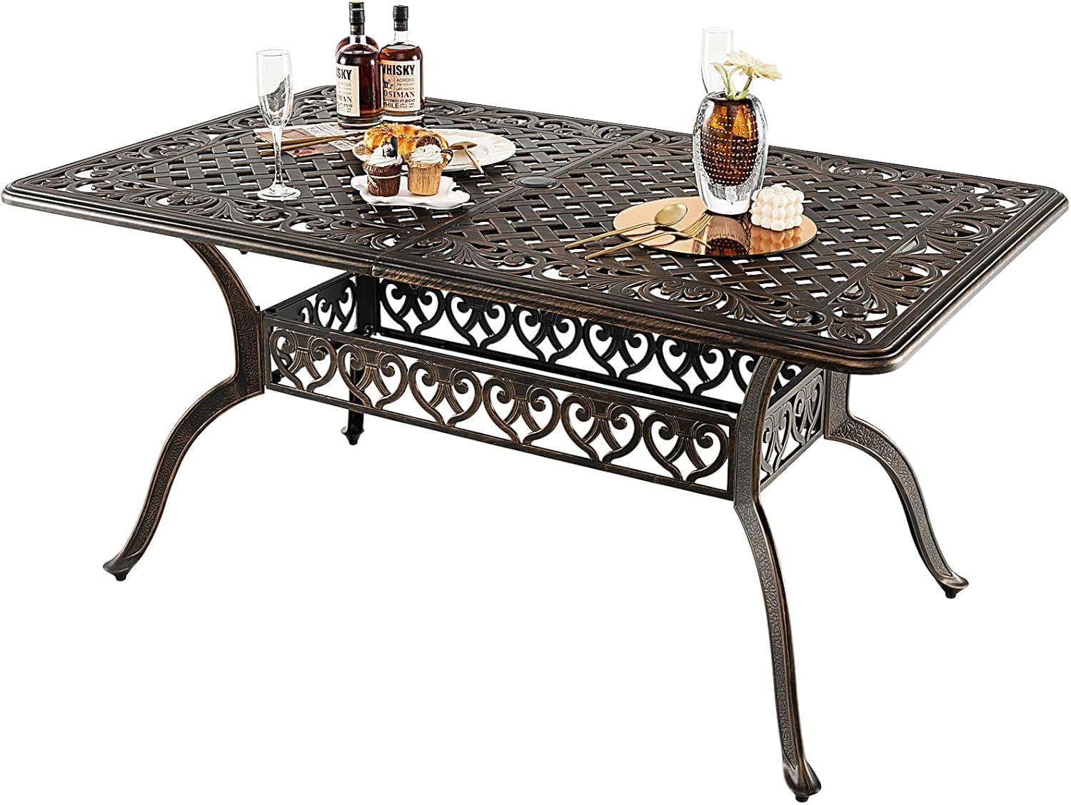 Giantex Patio Dining Table, Cast Aluminum Outdoor Table for 6 or 8 Persons, Heavy-Duty Structure, Adjustable Footpads, All-Weather Square Umbrella Table with Hole, 59" Lx35.4 Wx28.3 H