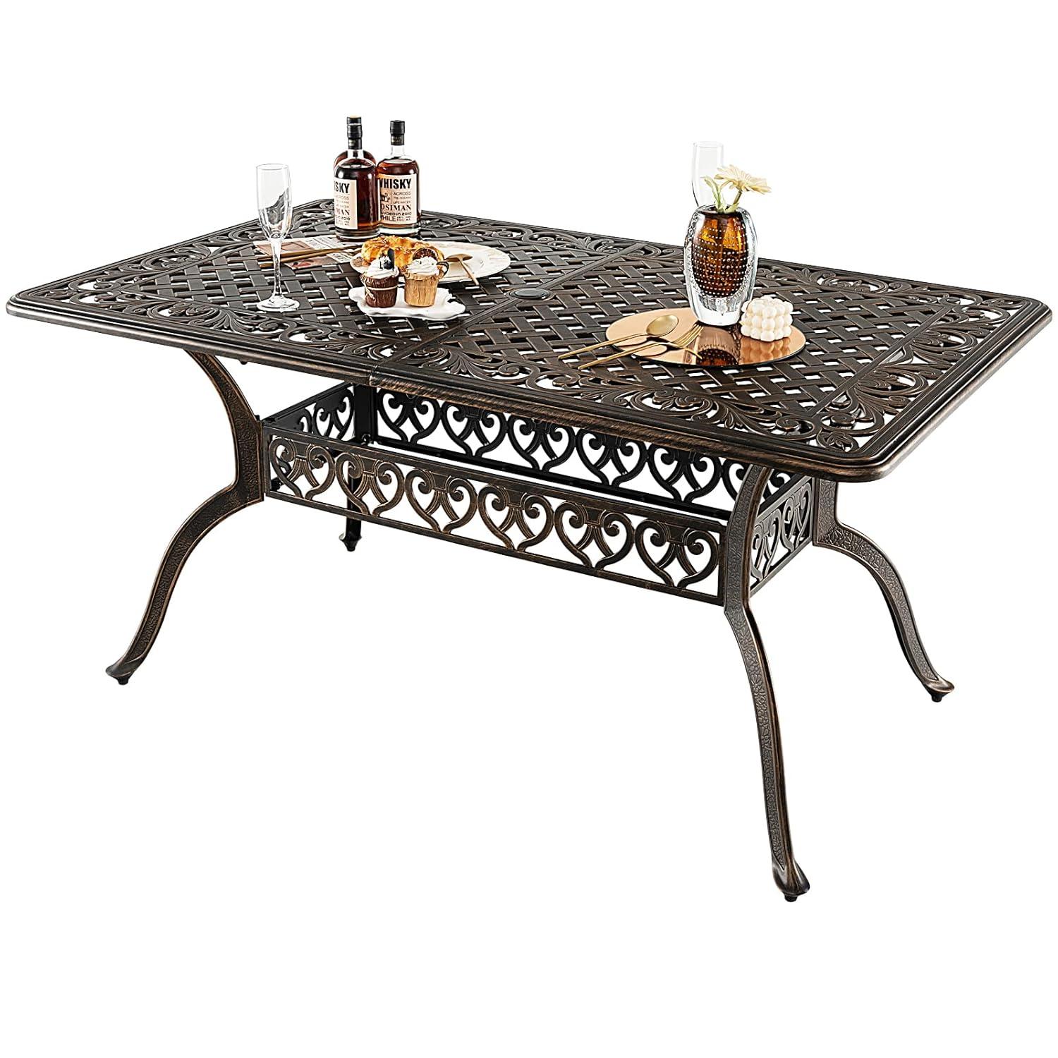 Giantex Patio Dining Table, Cast Aluminum Outdoor Table for 6 or 8 Persons, Heavy-Duty Structure, Adjustable Footpads, All-Weather Square Umbrella Table with Hole, 59" Lx35.4 Wx28.3 H