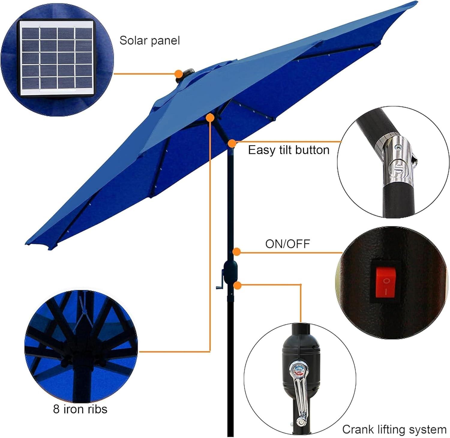 Navy Blue 9 ft Solar LED Lighted Patio Umbrella with Tilt and Crank