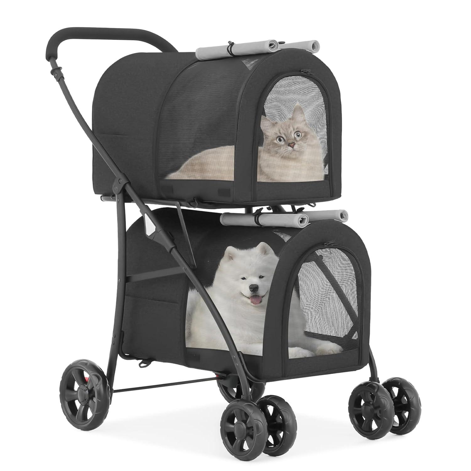 MoNiBloom 4 in 1 Double Pet Stroller, Foldable Cat Stroller for 2 Cats/Dogs with Detachable Carrier Bags & Rear Brakes, Black/Gray