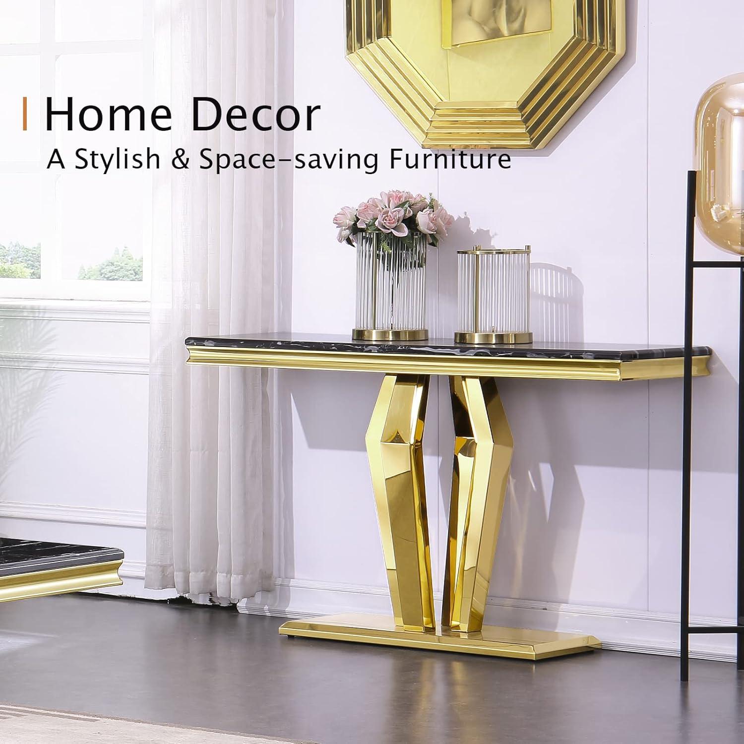 Unbranded Luxury Rectangular Sofa Console Table Modern Living Room Entryway Table with Mirrored Gold Geometric Base Gold