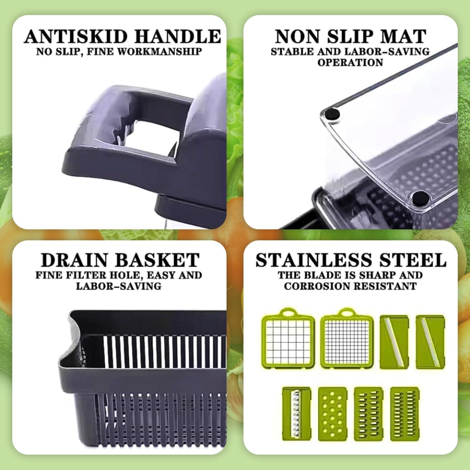 16-in-1 Vegetable Chopper | Fruit Chopper | Onion Chopper | Food Chopper | Salad Chopper with 7 Stainless Steel Blades | Hand Guard | Cleaning Brush and Peeler with Storage Container
