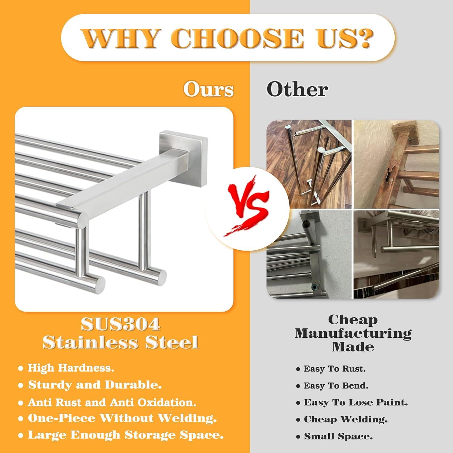 2-Tier 20" Wall Mounted Stainless Steel Bathroom Towel Rack With 2 Towel Bars Round Rods