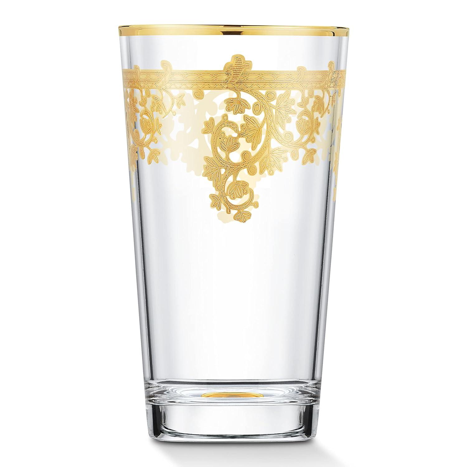 Lorren Home Trends Set of 4 Embellished 24K Gold Crystal High Ball Tumbler-Made In Italy