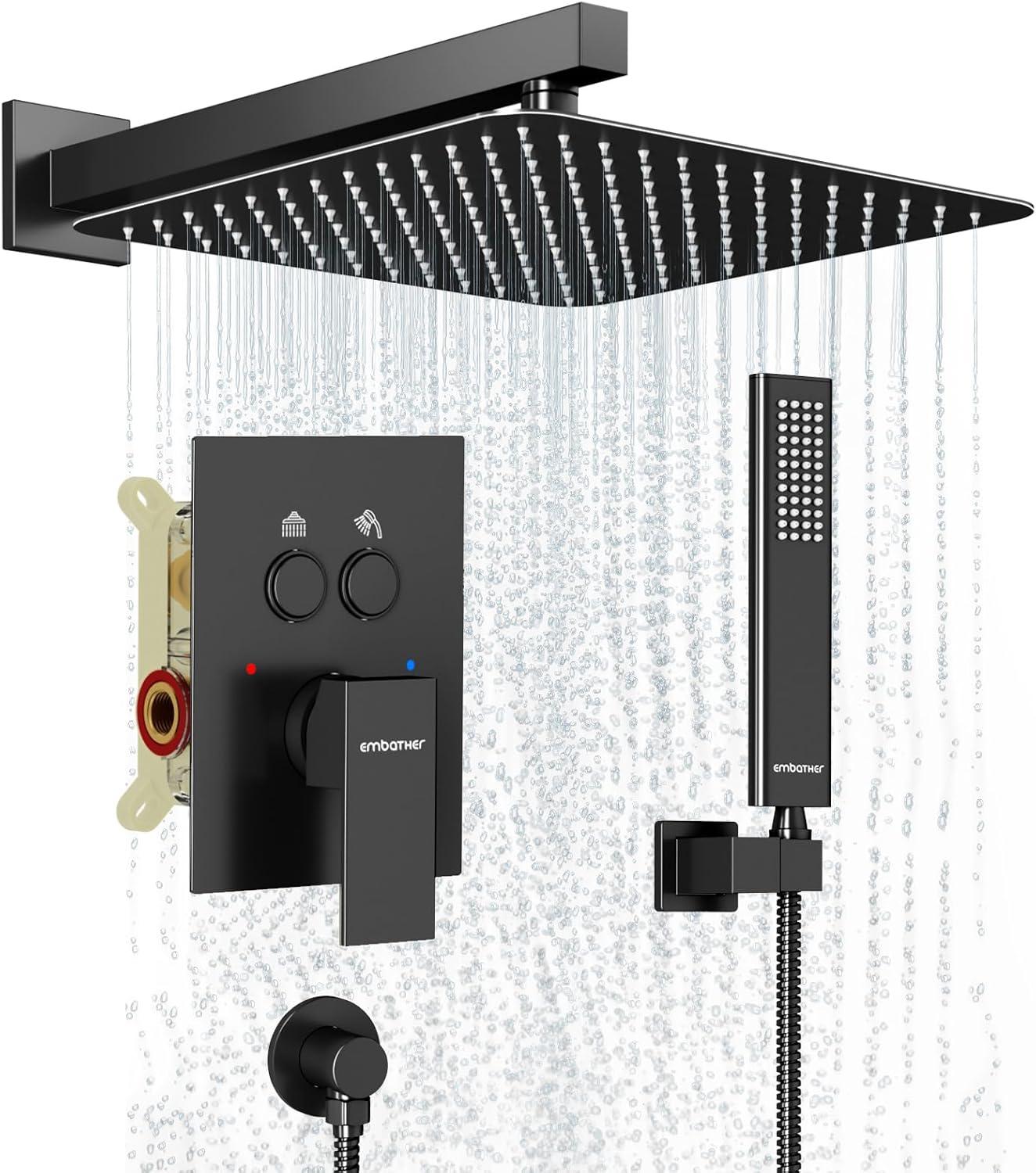 Shower System Shower Faucet Set with Push-Button Diverter and Wall Supply Elbow 10 Inch Shower Head Matte Black